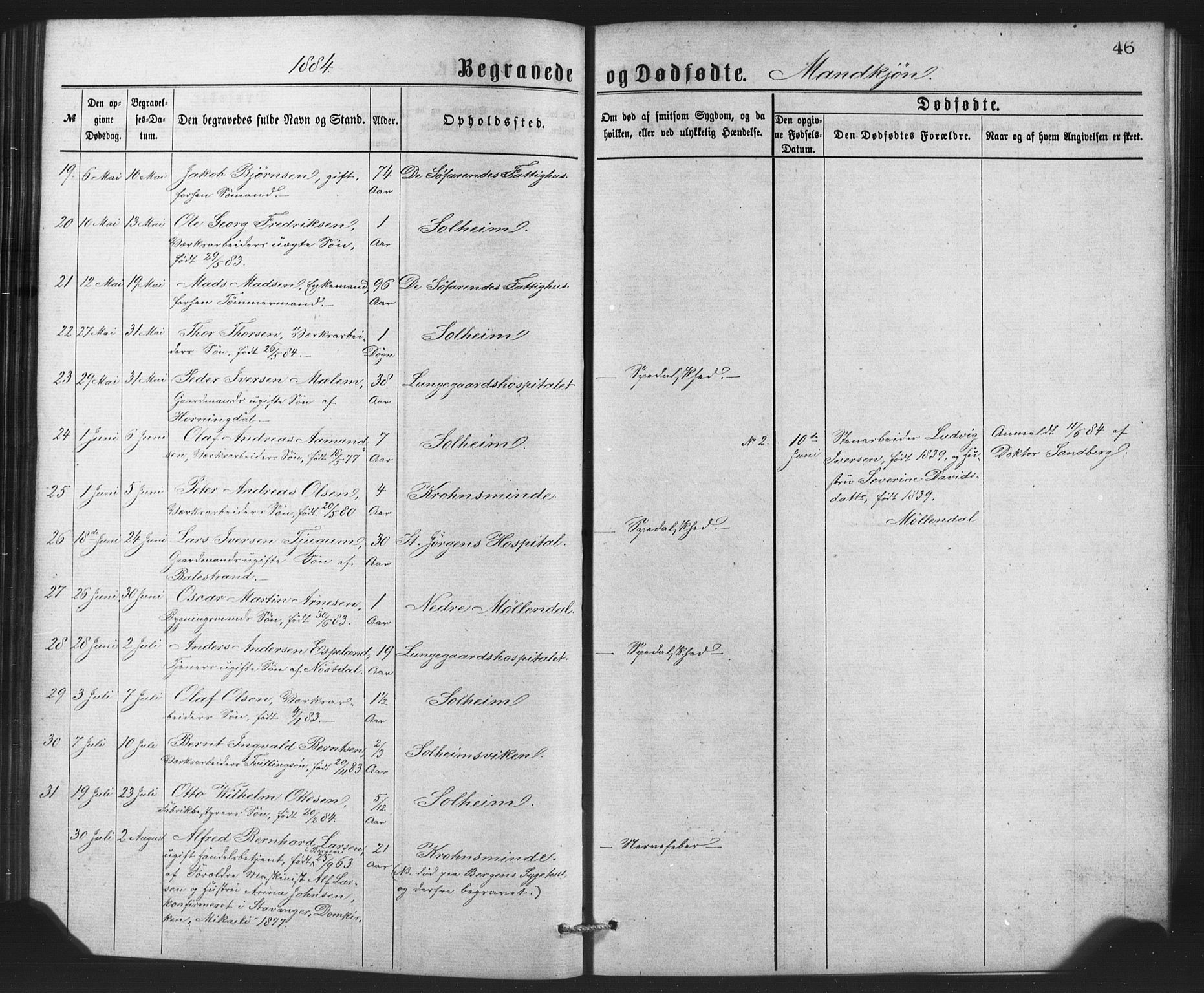 St. Jørgens hospital og Årstad sokneprestembete, AV/SAB-A-99934: Klokkerbok nr. A 8, 1872-1886, s. 46