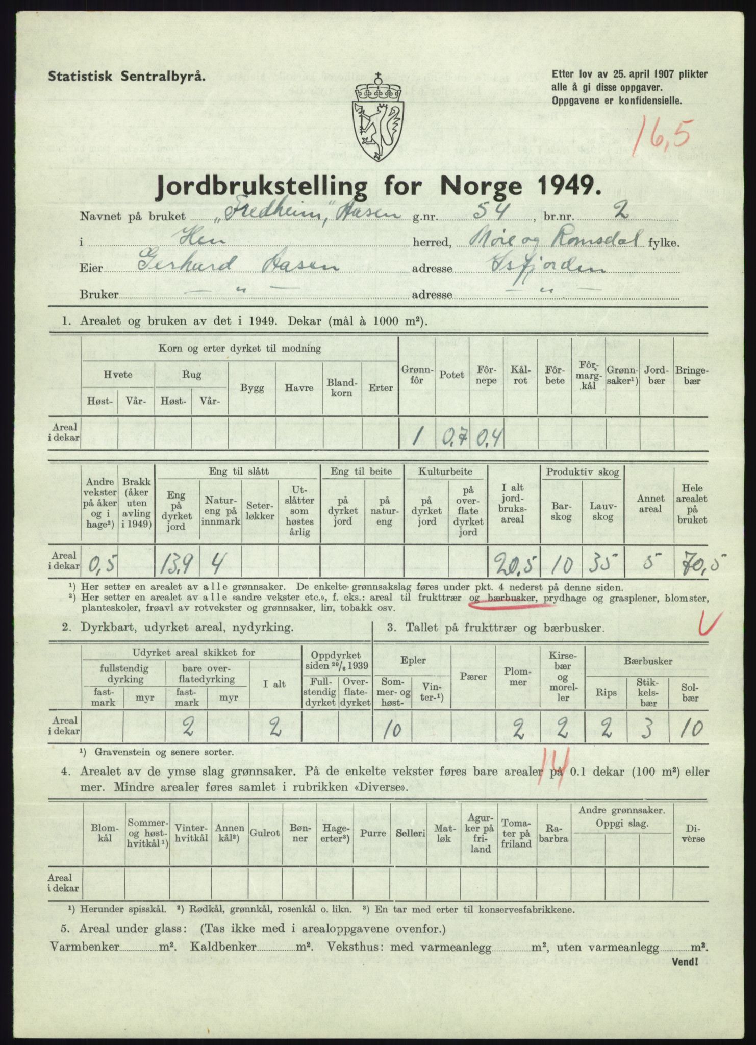 Statistisk sentralbyrå, Næringsøkonomiske emner, Jordbruk, skogbruk, jakt, fiske og fangst, AV/RA-S-2234/G/Gc/L0323: Møre og Romsdal: Grytten og Hen, 1949, s. 665