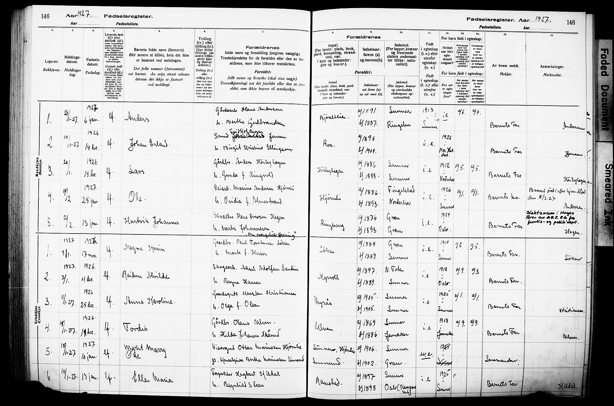 Lunner prestekontor, SAH/PREST-118/I/Id/L0001: Fødselsregister nr. 1, 1916-1932, s. 146