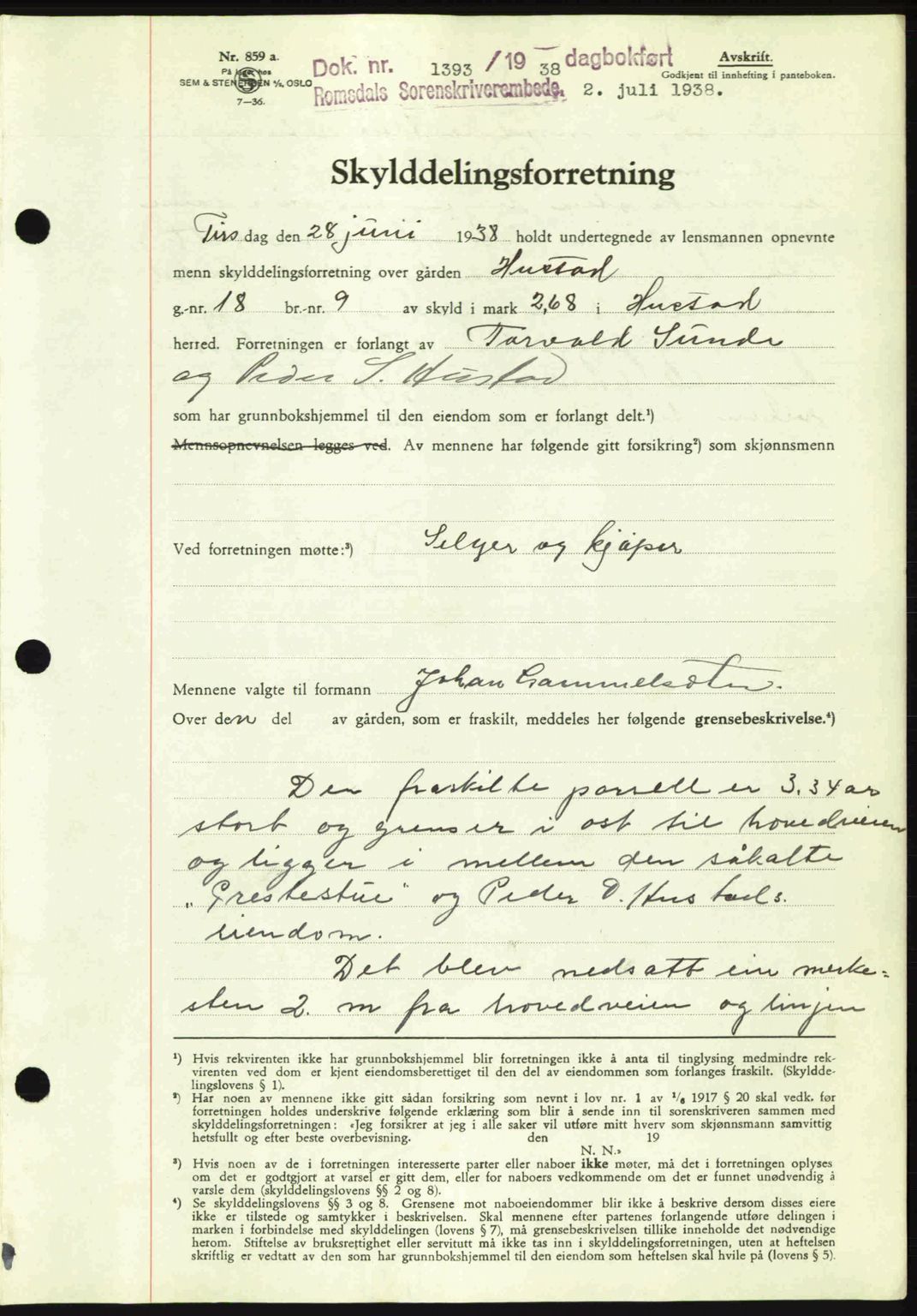 Romsdal sorenskriveri, SAT/A-4149/1/2/2C: Pantebok nr. A5, 1938-1938, Dagboknr: 1393/1938