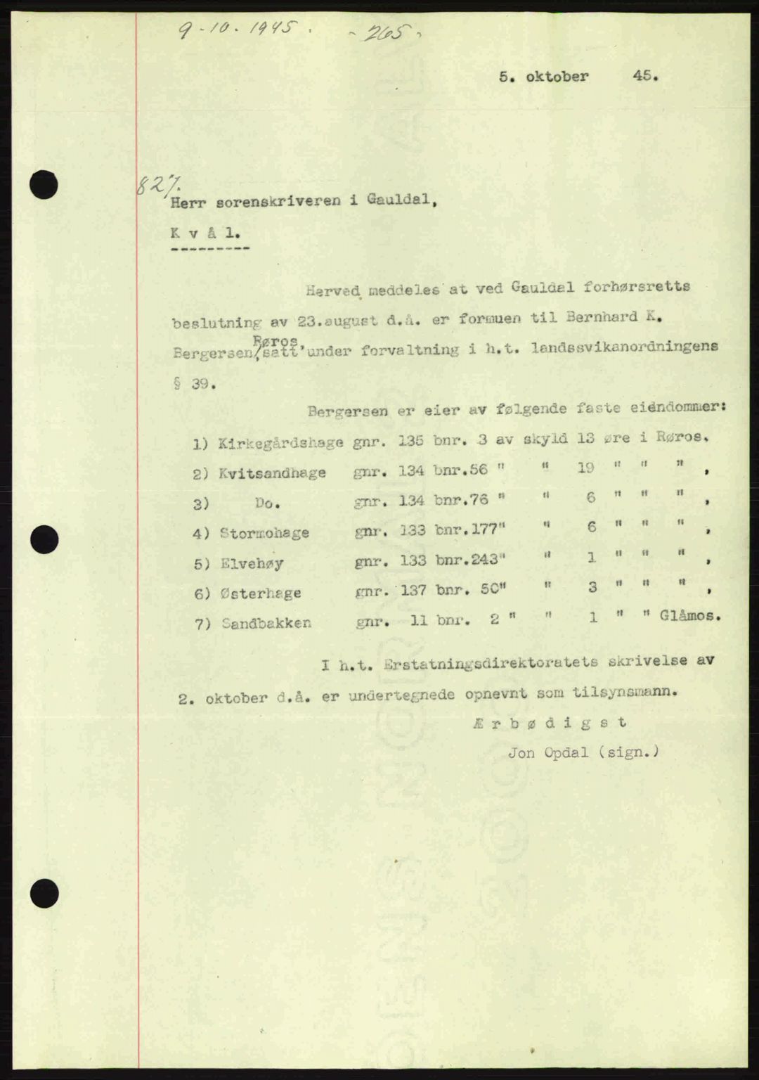 Gauldal sorenskriveri, SAT/A-0014/1/2/2C: Pantebok nr. A1a, 1945-1945, Dagboknr: 827/1945