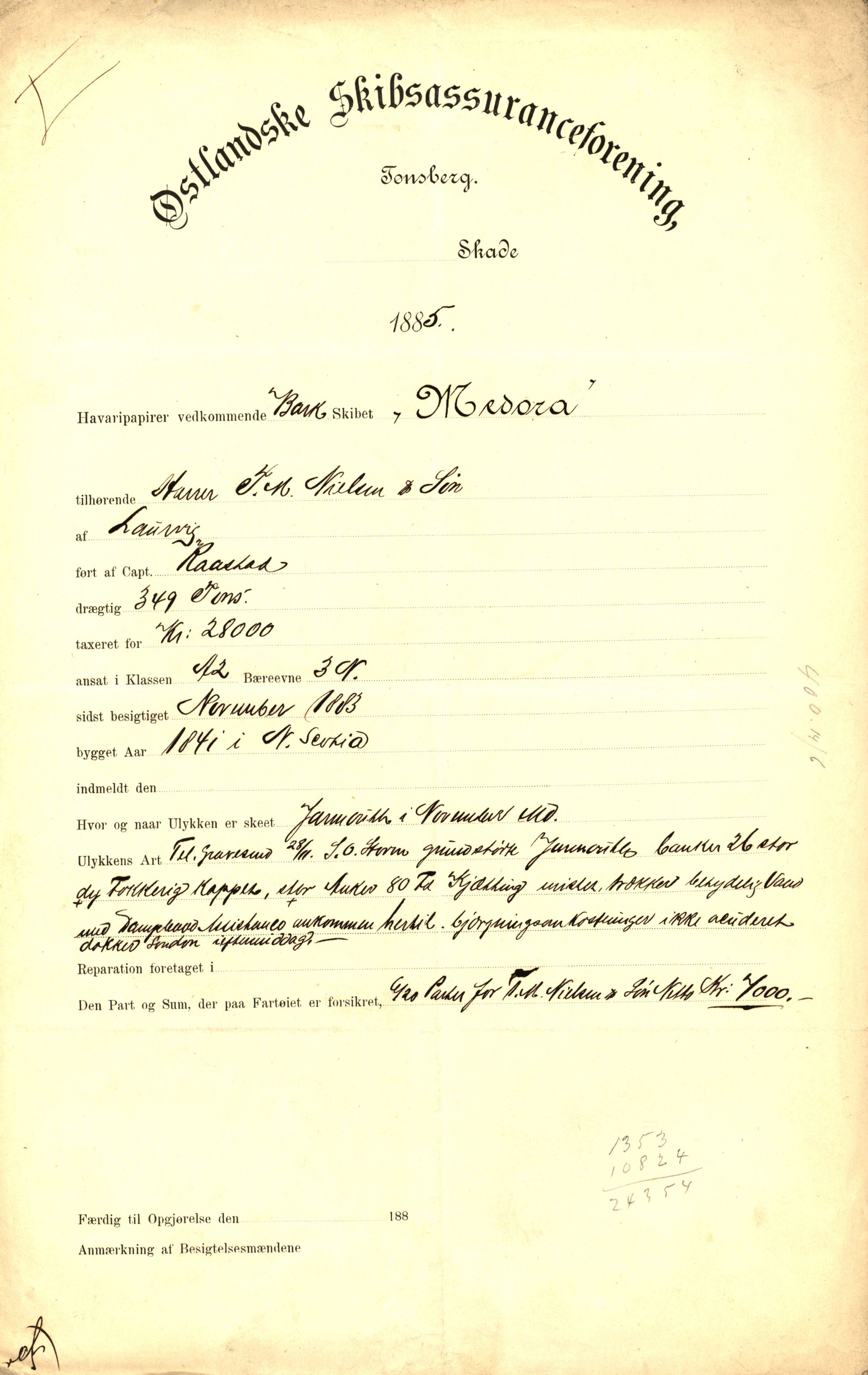 Pa 63 - Østlandske skibsassuranceforening, VEMU/A-1079/G/Ga/L0018/0008: Havaridokumenter / Minerva, Medora, Memoria, Medbør, Lucie, 1885, s. 2