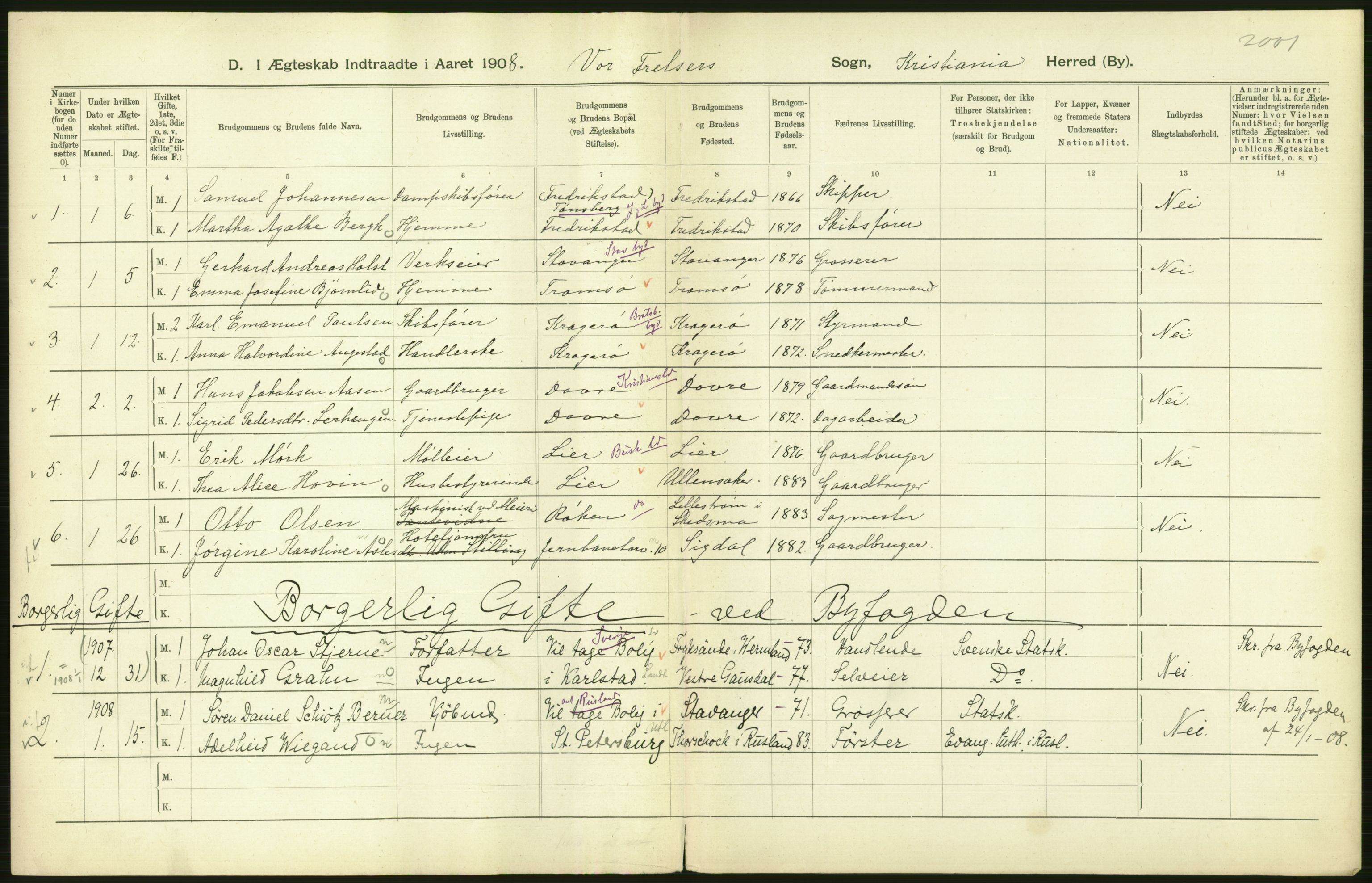 Statistisk sentralbyrå, Sosiodemografiske emner, Befolkning, AV/RA-S-2228/D/Df/Dfa/Dfaf/L0007: Kristiania: Gifte, 1908, s. 134