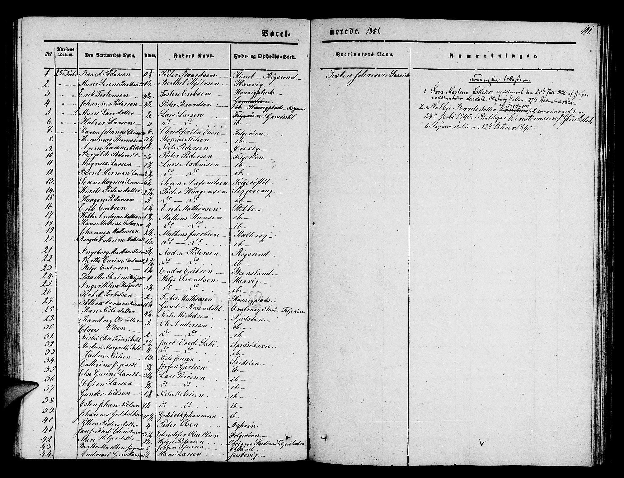 Finnås sokneprestembete, AV/SAB-A-99925/H/Ha/Hab/Haba/L0001: Klokkerbok nr. A 1, 1851-1873, s. 191