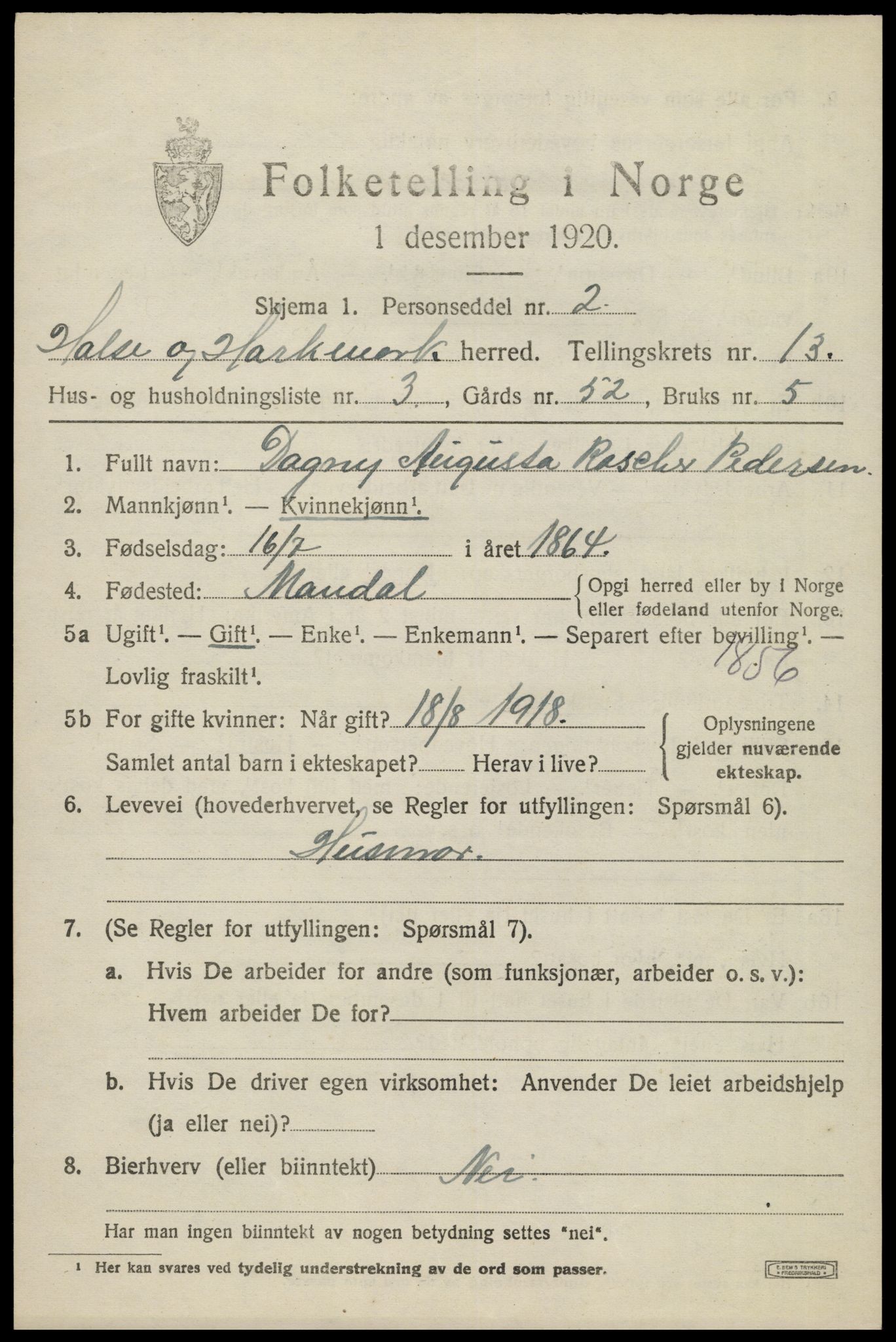 SAK, Folketelling 1920 for 1019 Halse og Harkmark herred, 1920, s. 7071