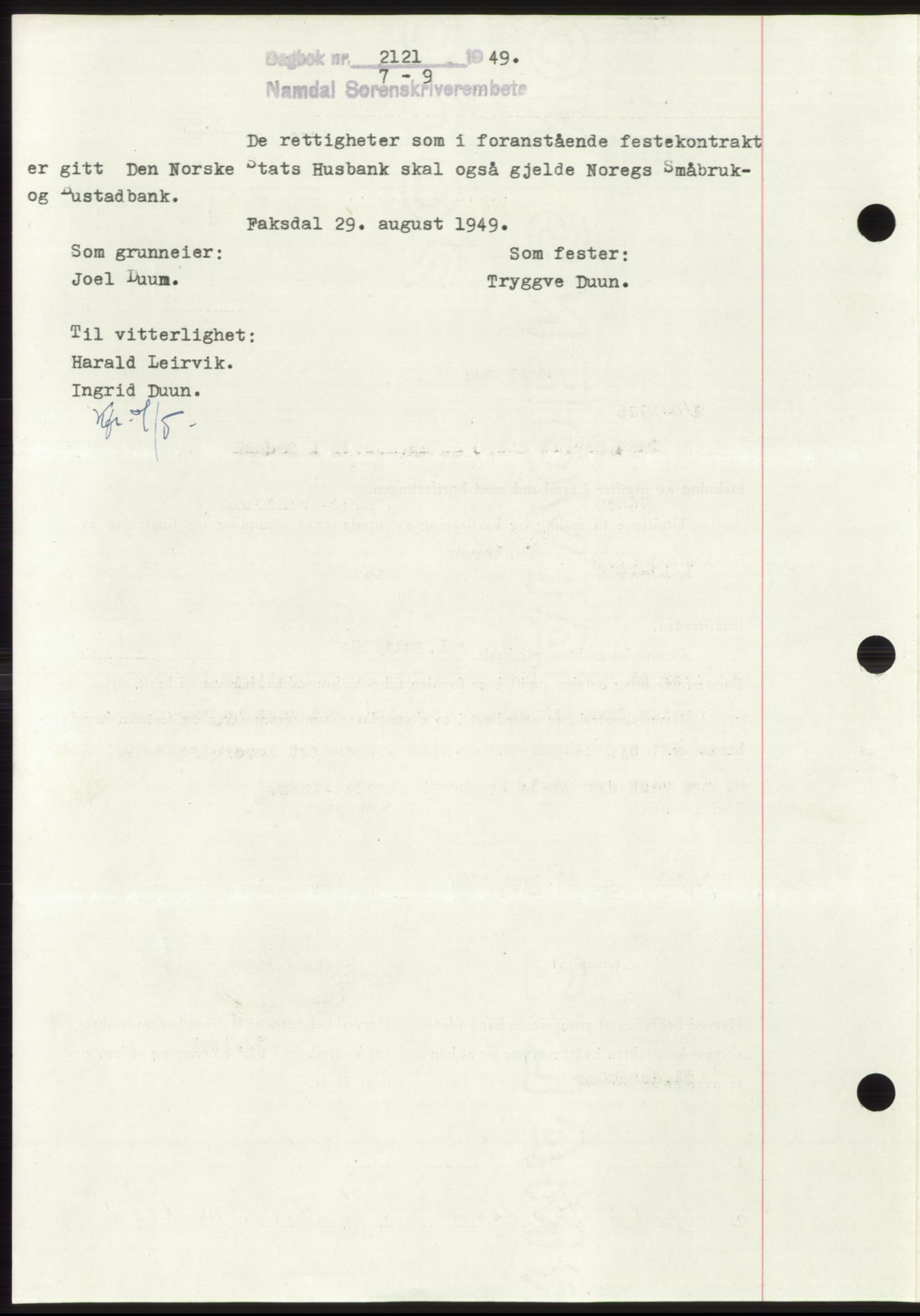 Namdal sorenskriveri, SAT/A-4133/1/2/2C: Pantebok nr. -, 1947-1947, Dagboknr: 2121/1947