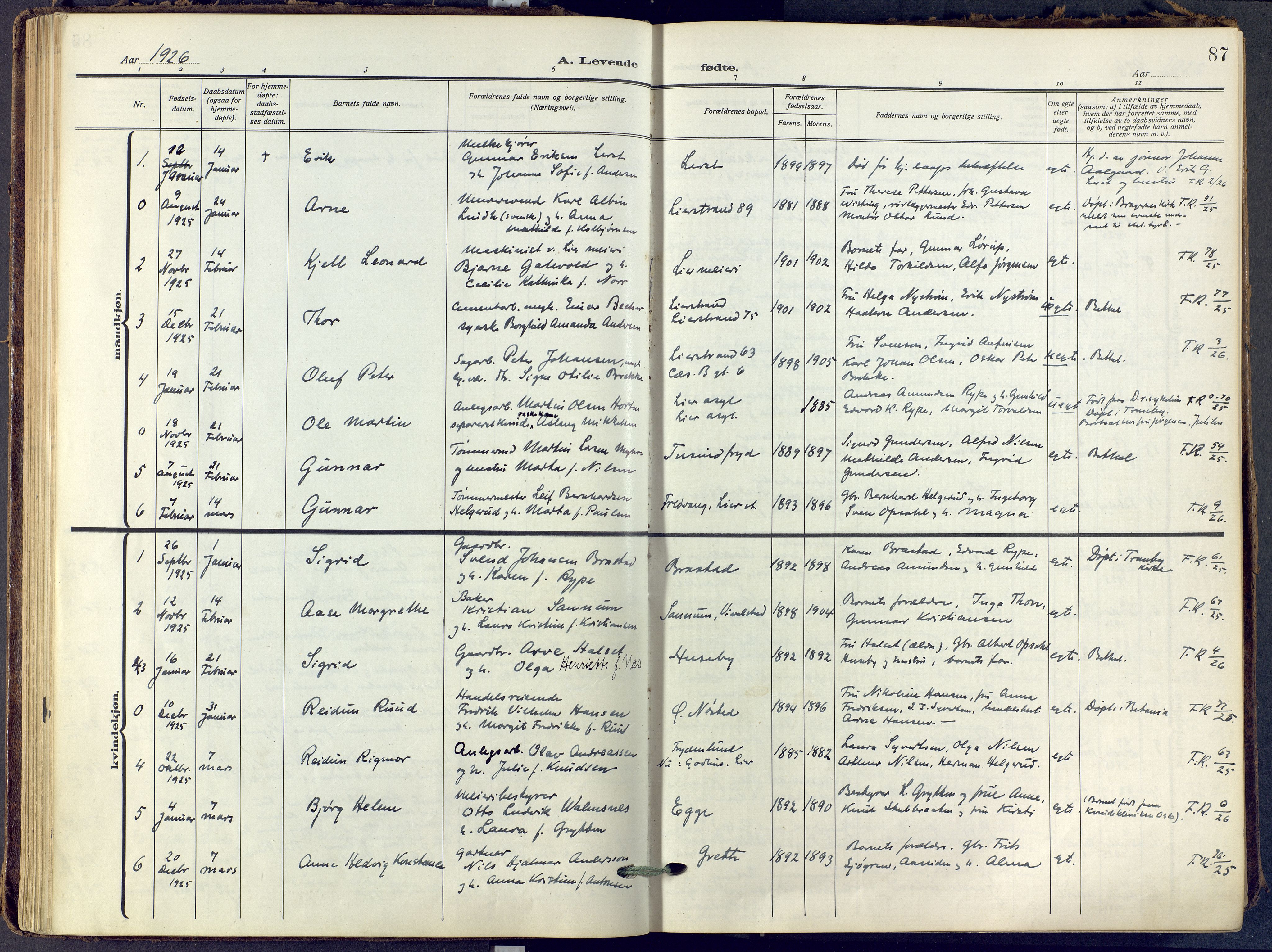 Lier kirkebøker, SAKO/A-230/F/Fa/L0019: Ministerialbok nr. I 19, 1918-1928, s. 87