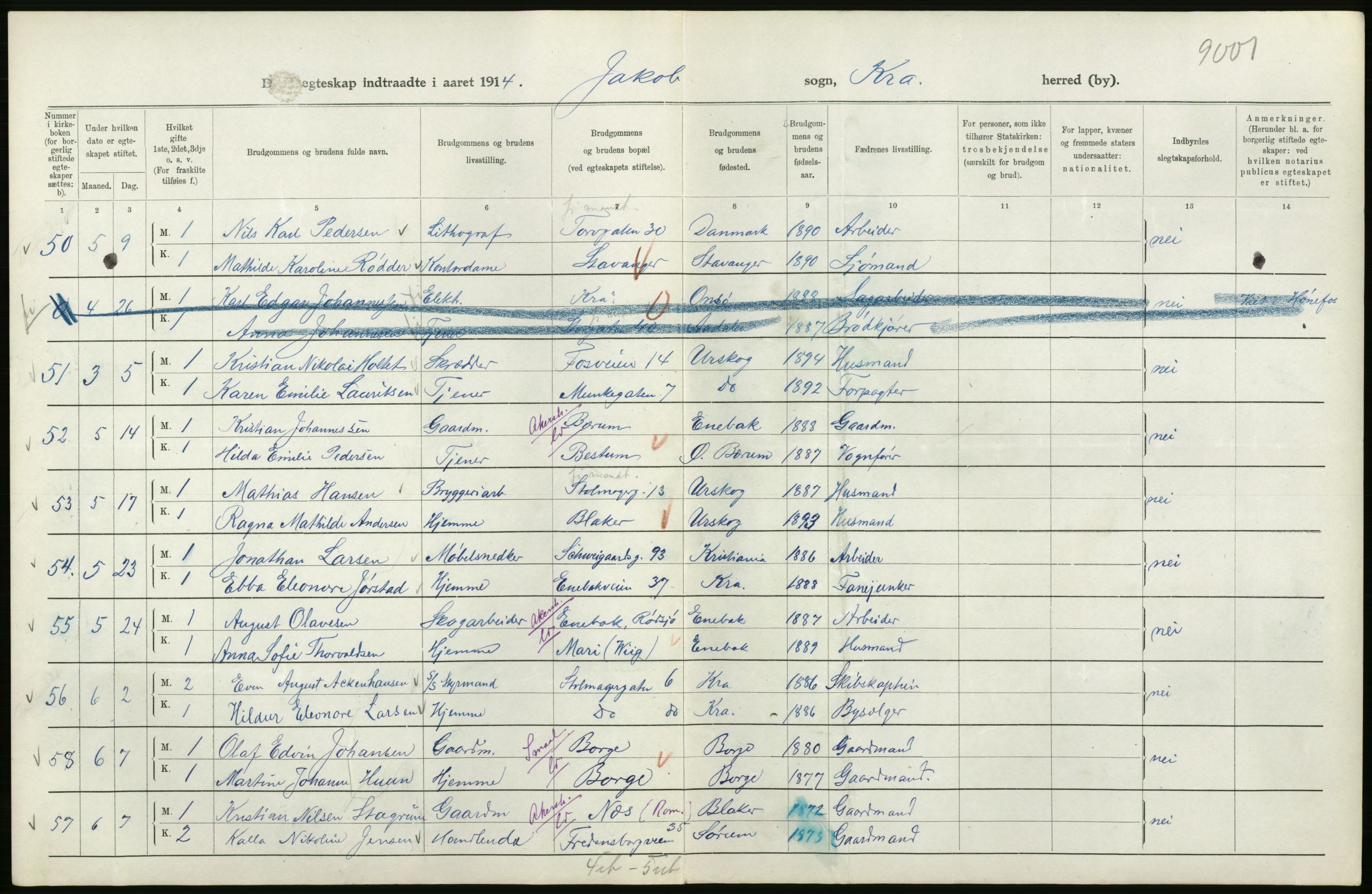 Statistisk sentralbyrå, Sosiodemografiske emner, Befolkning, AV/RA-S-2228/D/Df/Dfb/Dfbd/L0007: Kristiania: Gifte, 1914, s. 24