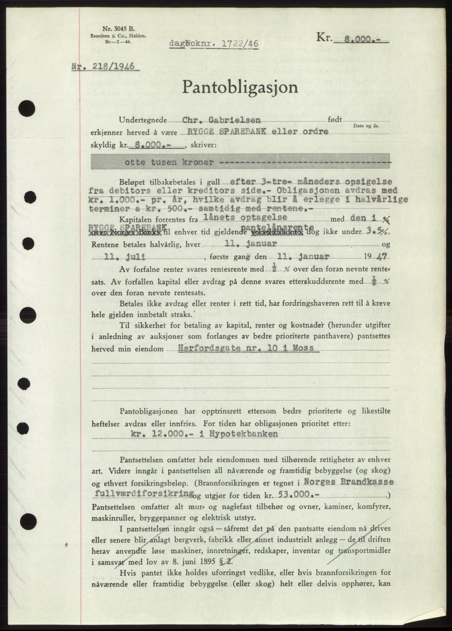 Moss sorenskriveri, SAO/A-10168: Pantebok nr. B15, 1946-1946, Dagboknr: 1722/1946