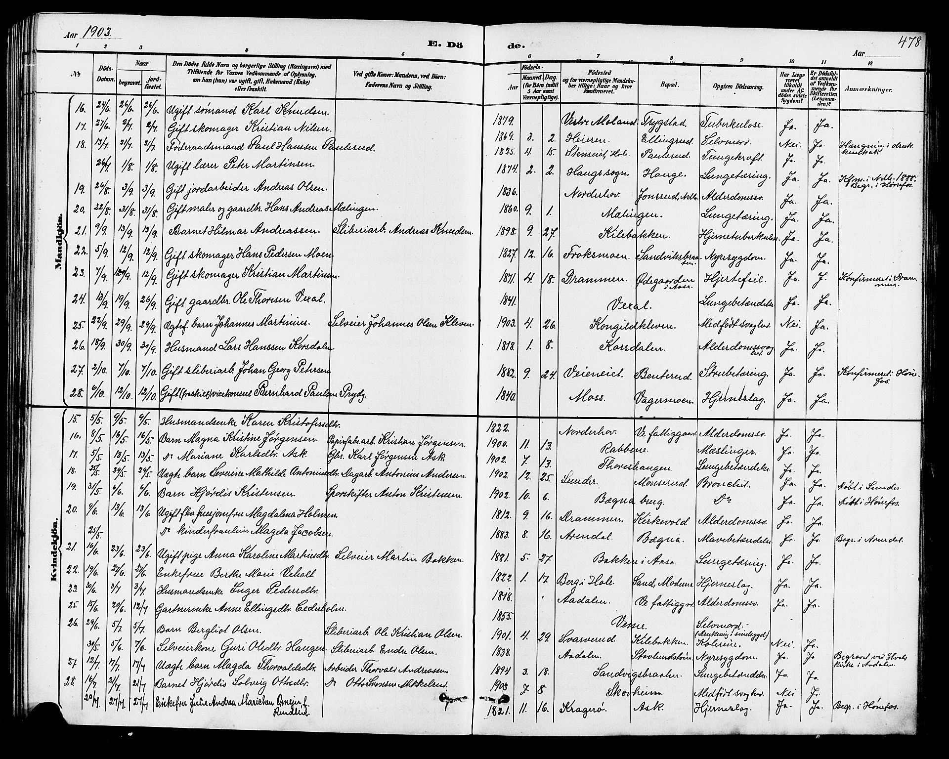 Norderhov kirkebøker, AV/SAKO-A-237/G/Ga/L0008: Klokkerbok nr. I 8, 1887-1912, s. 478