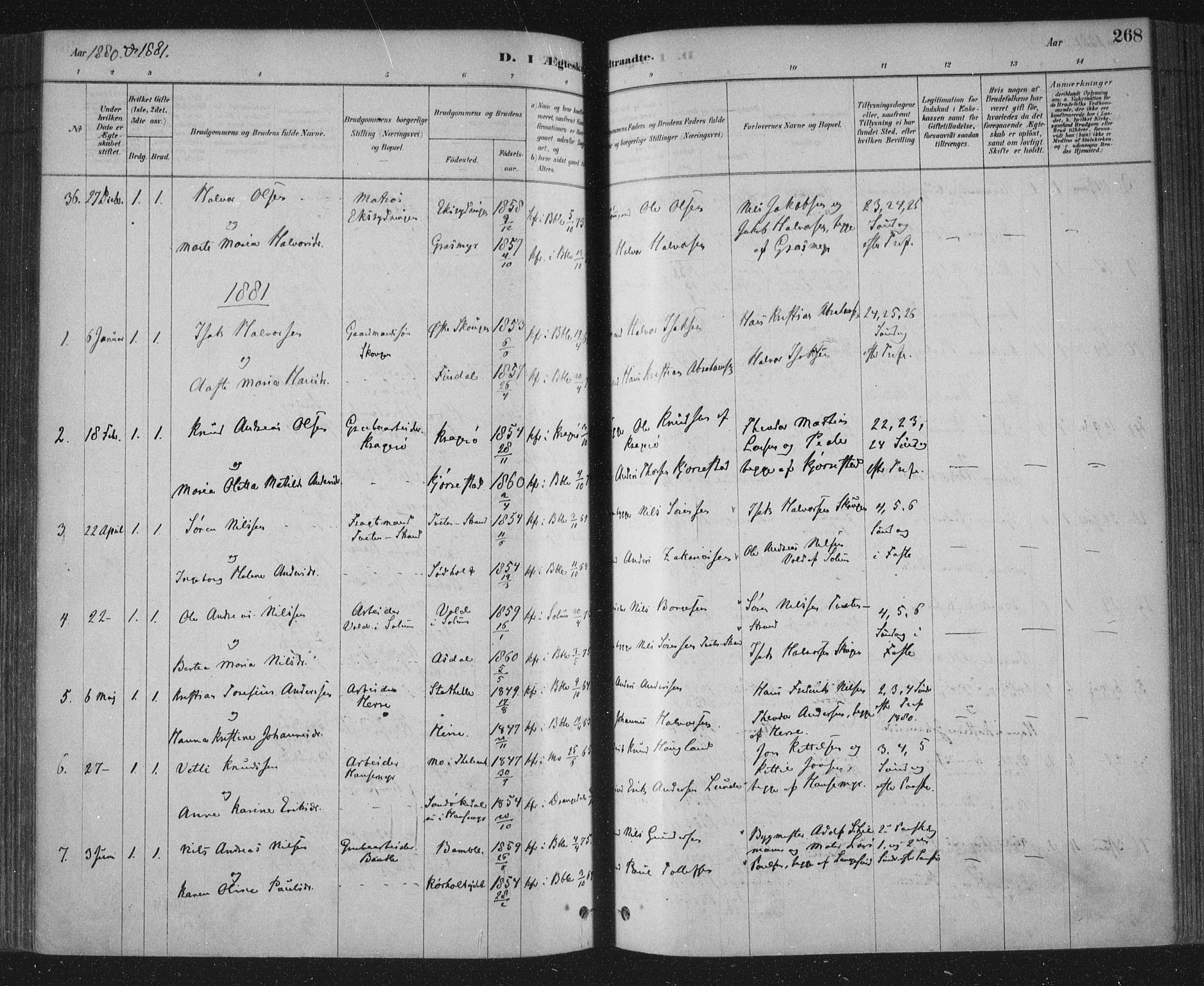 Bamble kirkebøker, AV/SAKO-A-253/F/Fa/L0007: Ministerialbok nr. I 7, 1878-1888, s. 268
