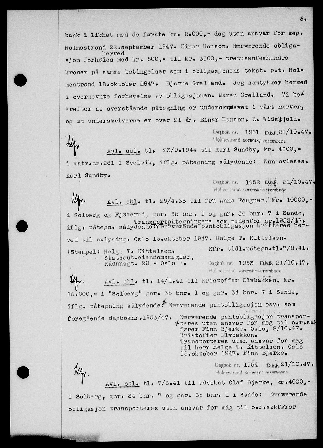 Holmestrand sorenskriveri, SAKO/A-67/G/Ga/Gab/L0058: Pantebok nr. B-58, 1947-1948, s. 3, Dagboknr: 1951/1947