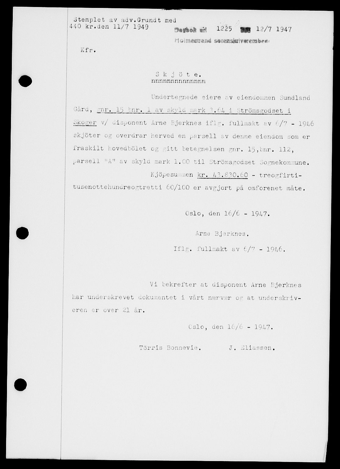 Holmestrand sorenskriveri, SAKO/A-67/G/Ga/Gaa/L0062: Pantebok nr. A-62, 1947-1947, Dagboknr: 1225/1947