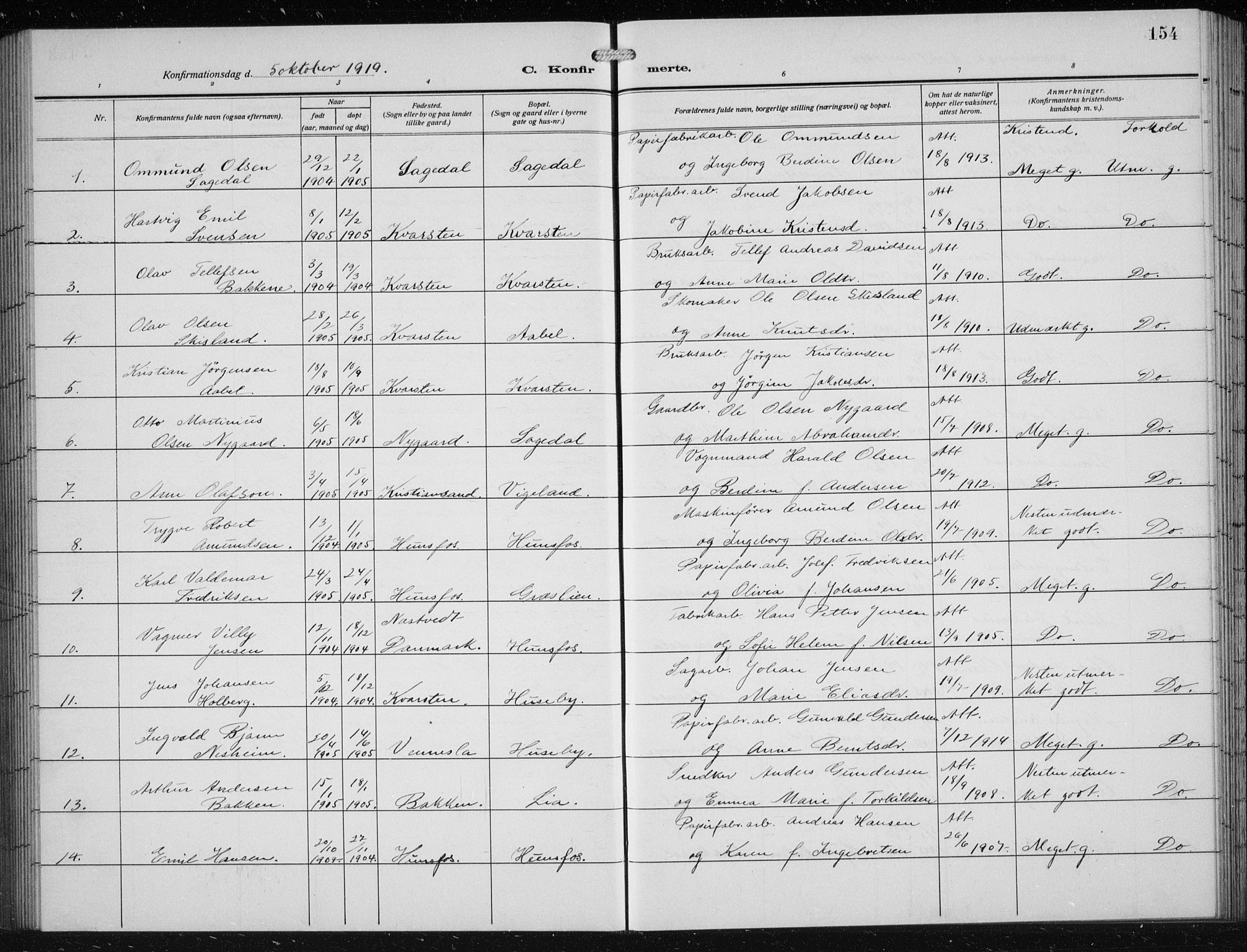 Vennesla sokneprestkontor, AV/SAK-1111-0045/Fb/Fbb/L0006: Klokkerbok nr. B 6, 1914-1921, s. 154