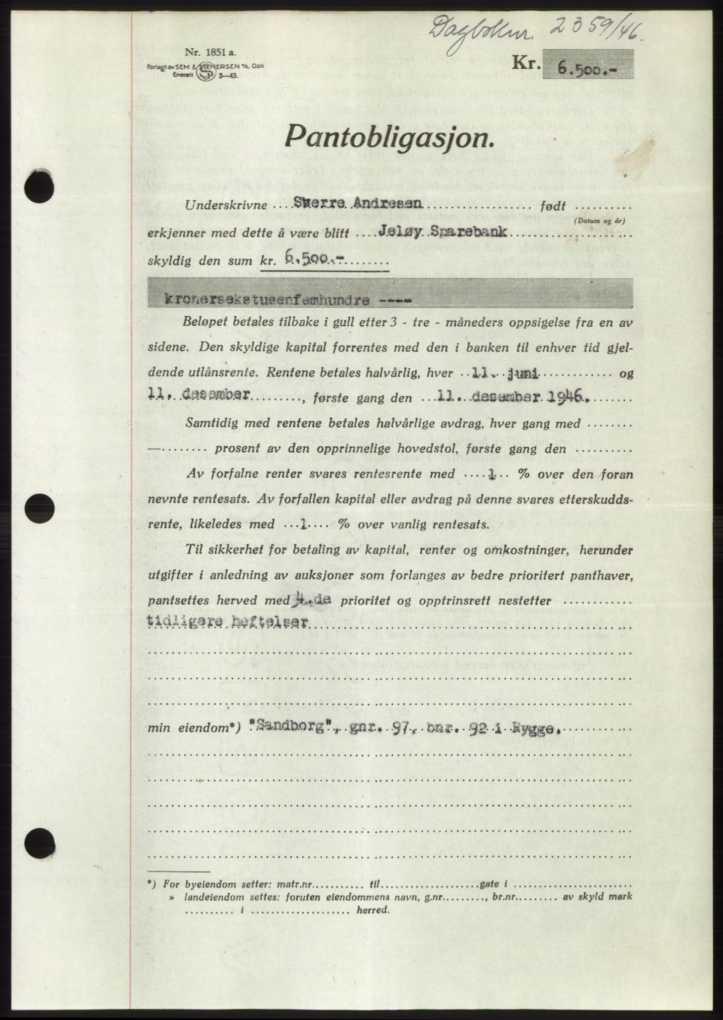 Moss sorenskriveri, SAO/A-10168: Pantebok nr. B16, 1946-1947, Dagboknr: 2359/1946