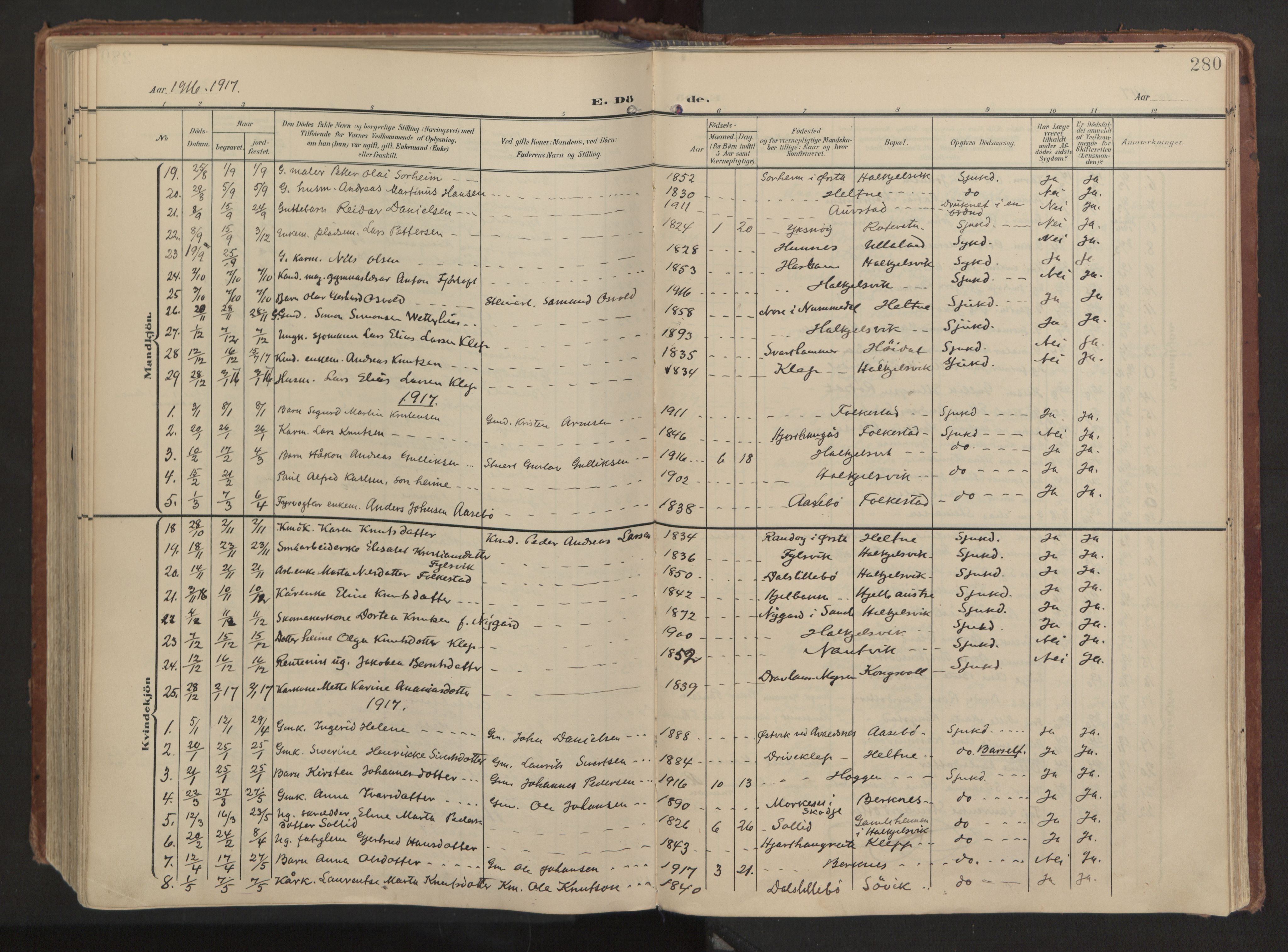 Ministerialprotokoller, klokkerbøker og fødselsregistre - Møre og Romsdal, AV/SAT-A-1454/511/L0144: Ministerialbok nr. 511A11, 1906-1923, s. 280