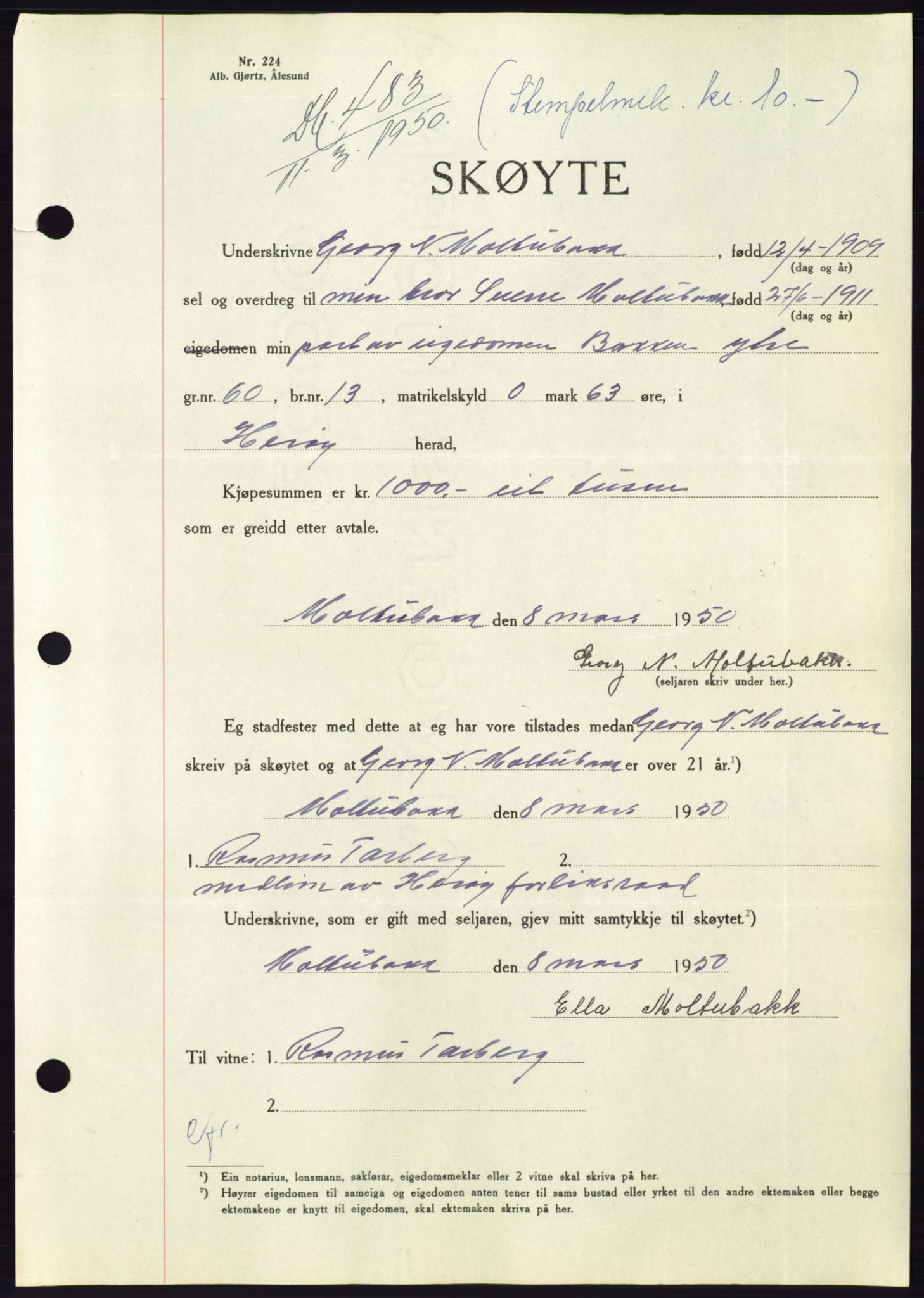 Søre Sunnmøre sorenskriveri, SAT/A-4122/1/2/2C/L0086: Pantebok nr. 12A, 1949-1950, Dagboknr: 483/1950