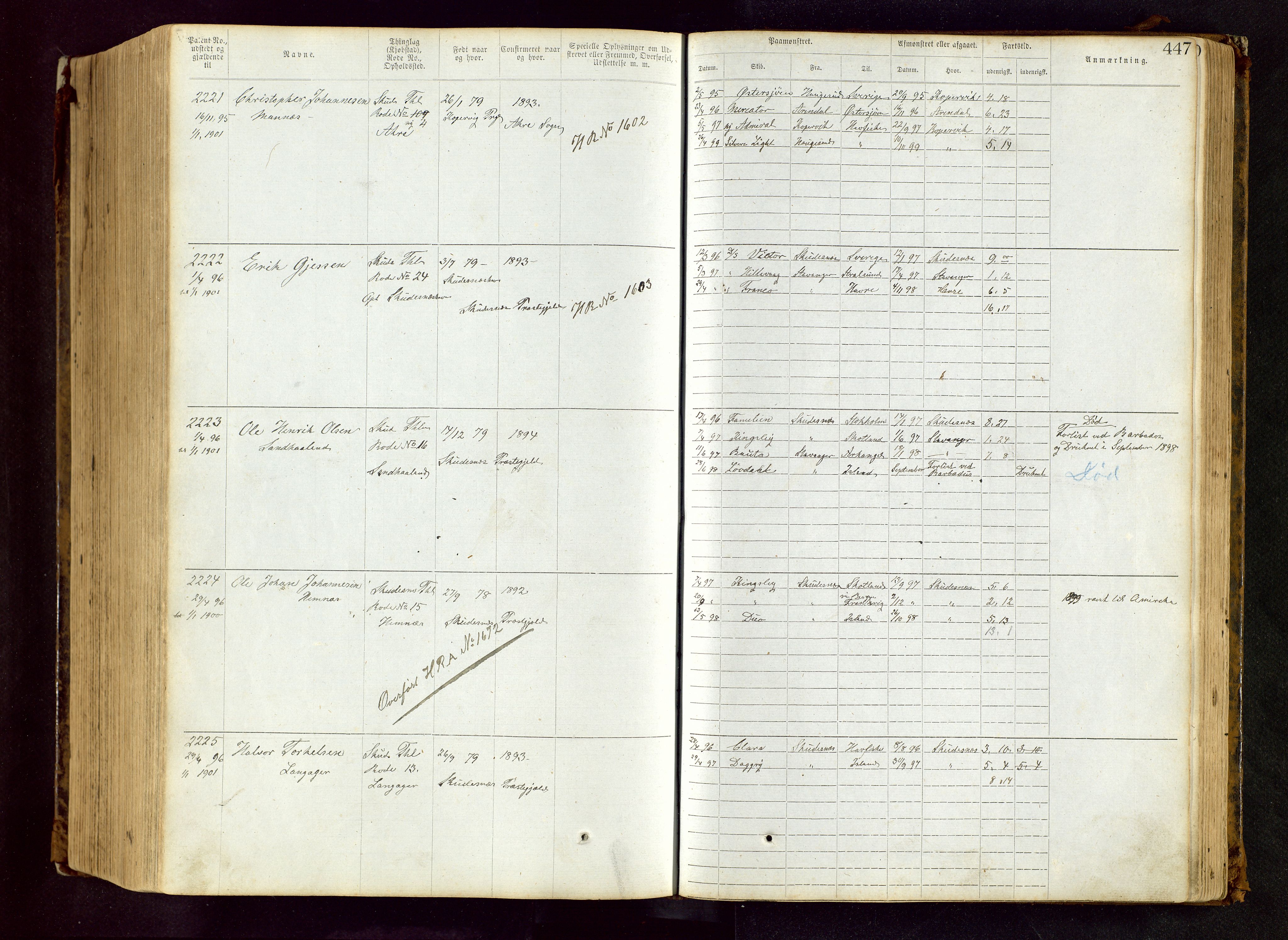 Haugesund sjømannskontor, AV/SAST-A-102007/F/Ff/L0002: Sjøfartsrulle Skudenes krets nr. 1-2719, 1868-1948, s. 447