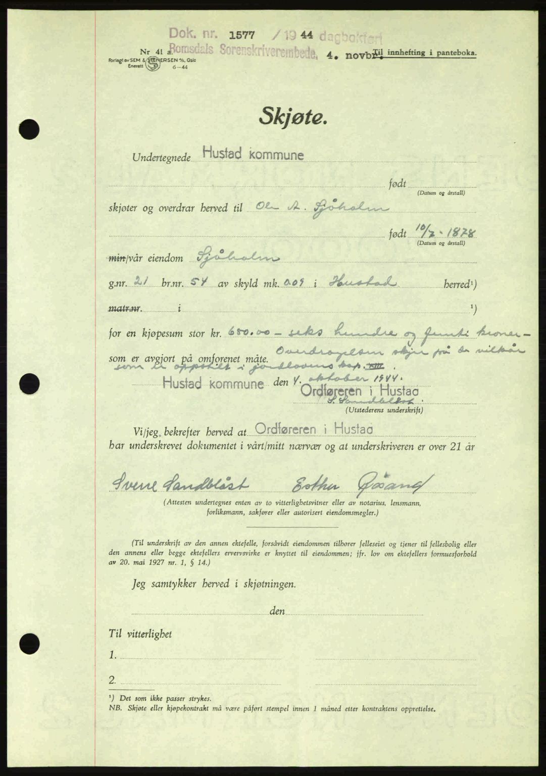 Romsdal sorenskriveri, AV/SAT-A-4149/1/2/2C: Pantebok nr. A17, 1944-1945, Dagboknr: 1577/1944