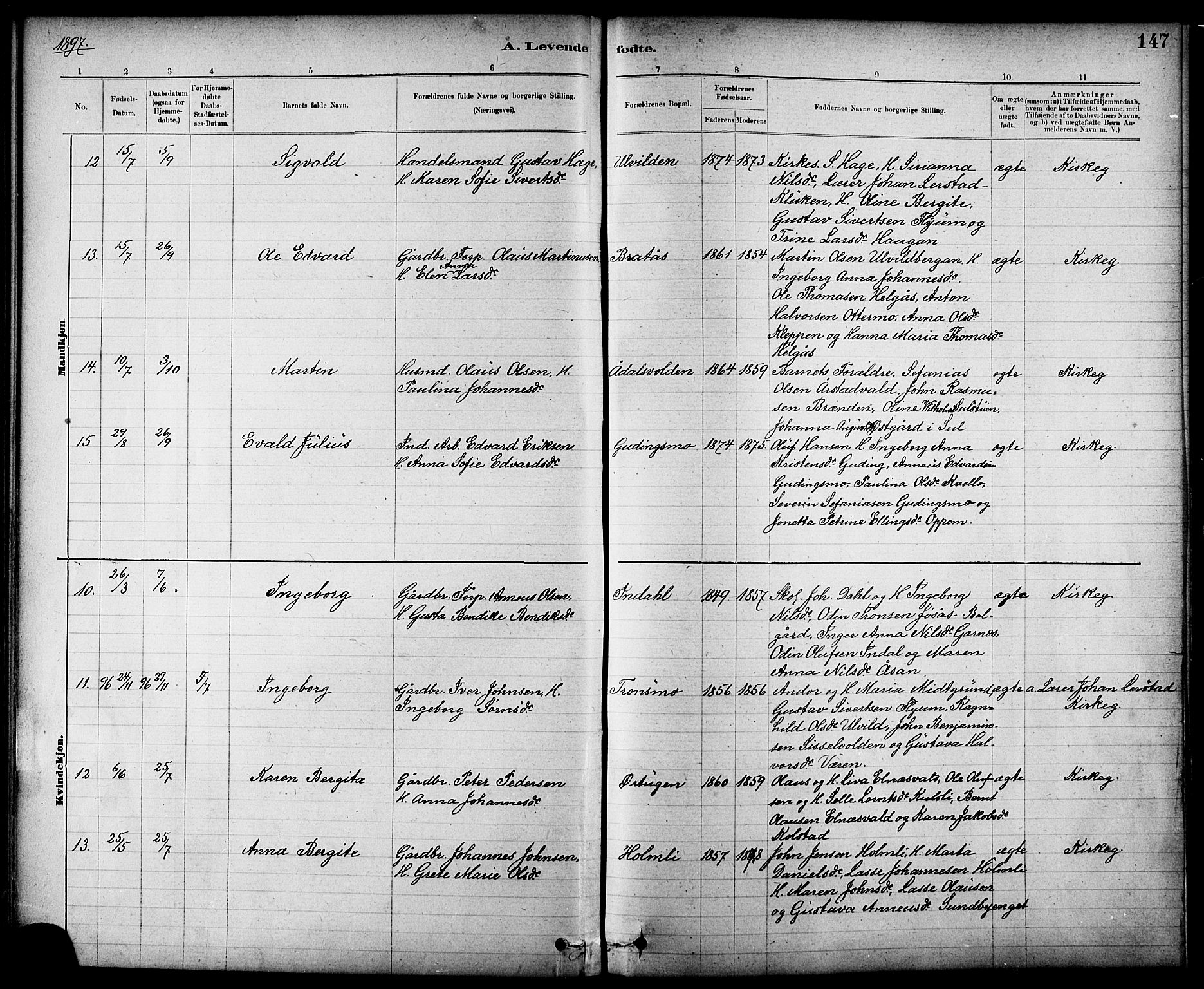 Ministerialprotokoller, klokkerbøker og fødselsregistre - Nord-Trøndelag, AV/SAT-A-1458/724/L0267: Klokkerbok nr. 724C03, 1879-1898, s. 147