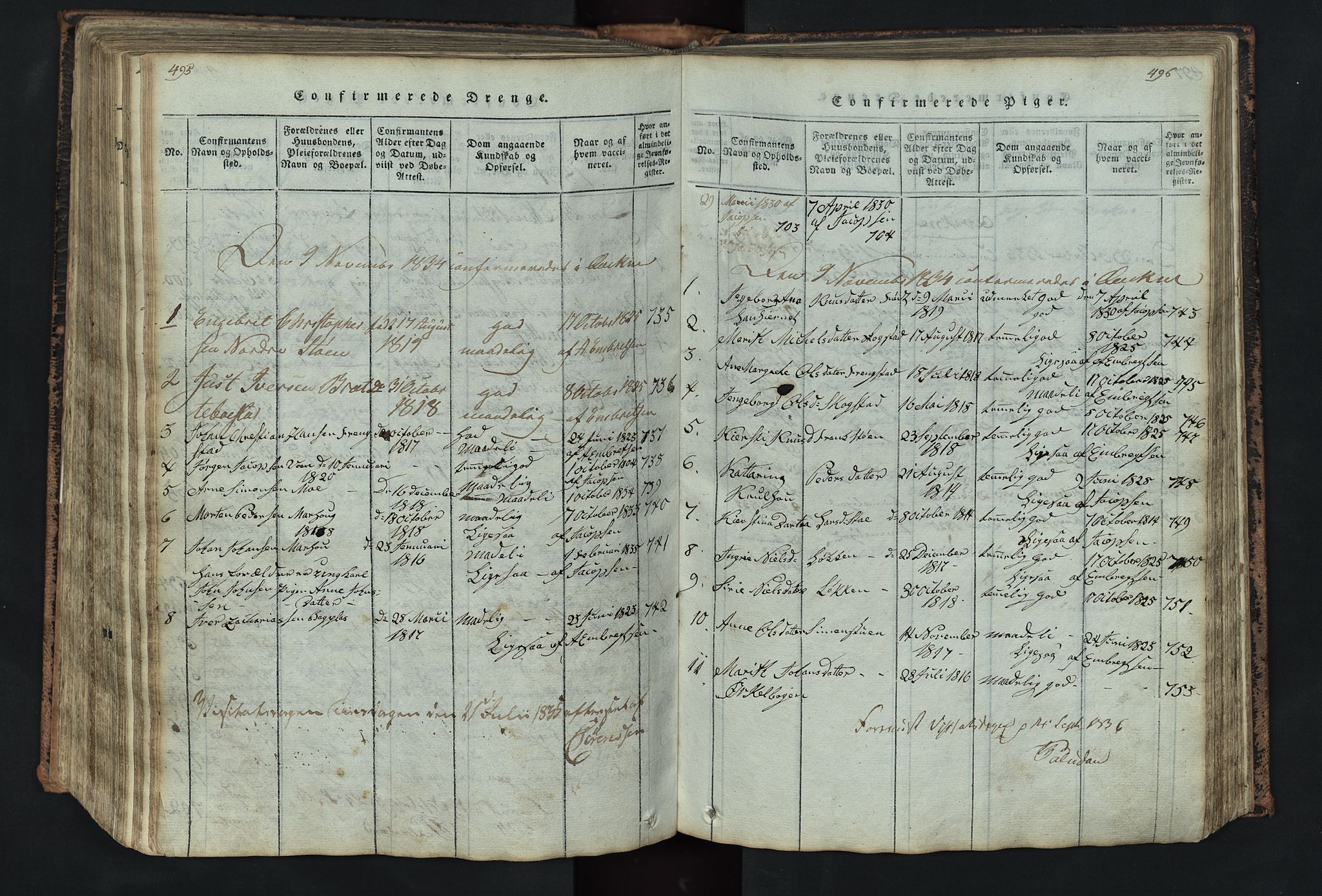 Kvikne prestekontor, AV/SAH-PREST-064/H/Ha/Hab/L0001: Klokkerbok nr. 1, 1815-1895, s. 495-496