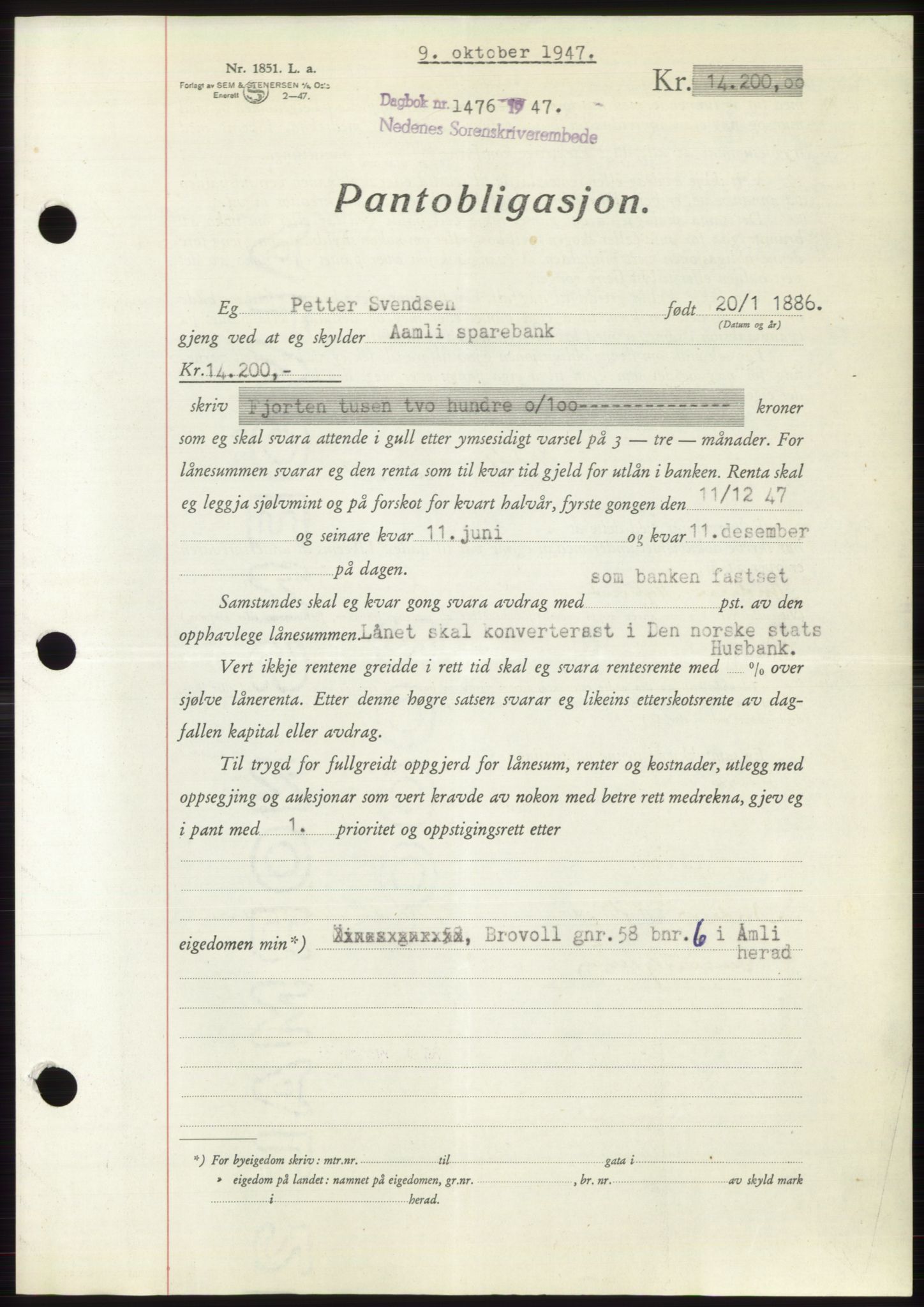 Nedenes sorenskriveri, SAK/1221-0006/G/Gb/Gbb/L0004: Pantebok nr. B4, 1947-1947, Dagboknr: 1476/1947