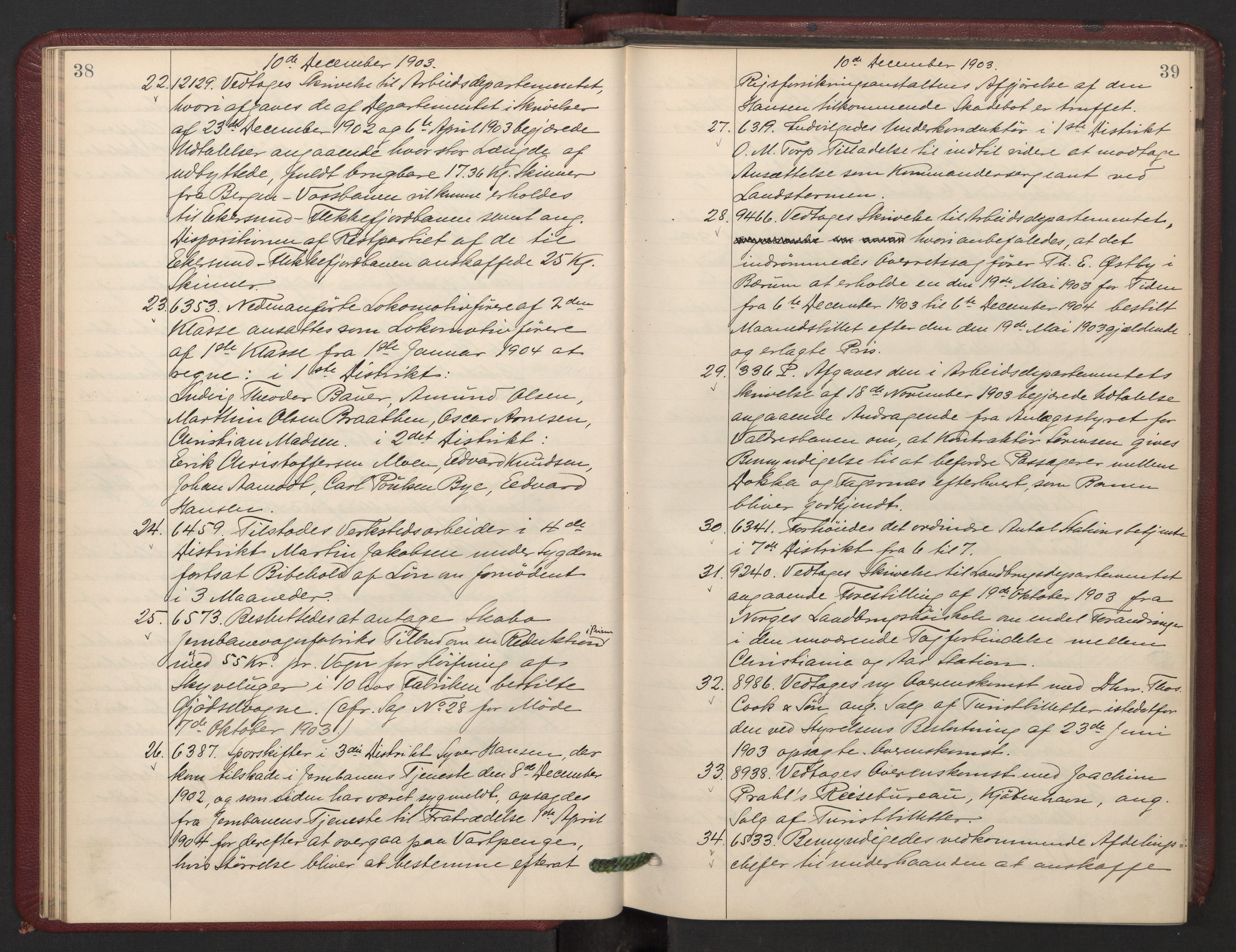 Norges statsbaner, Administrasjons- økonomi- og personalavdelingen, AV/RA-S-3412/A/Aa/L0007: Forhandlingsprotokoll, 1903-1905, s. 38-39