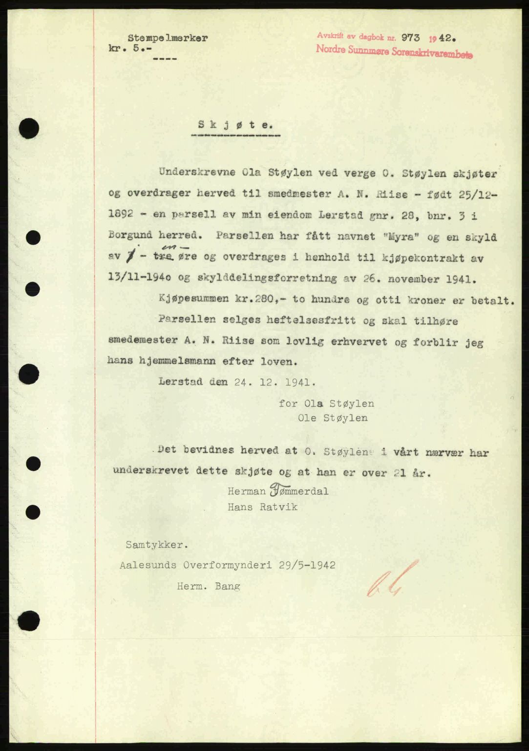 Nordre Sunnmøre sorenskriveri, SAT/A-0006/1/2/2C/2Ca: Pantebok nr. A13, 1942-1942, Dagboknr: 973/1942
