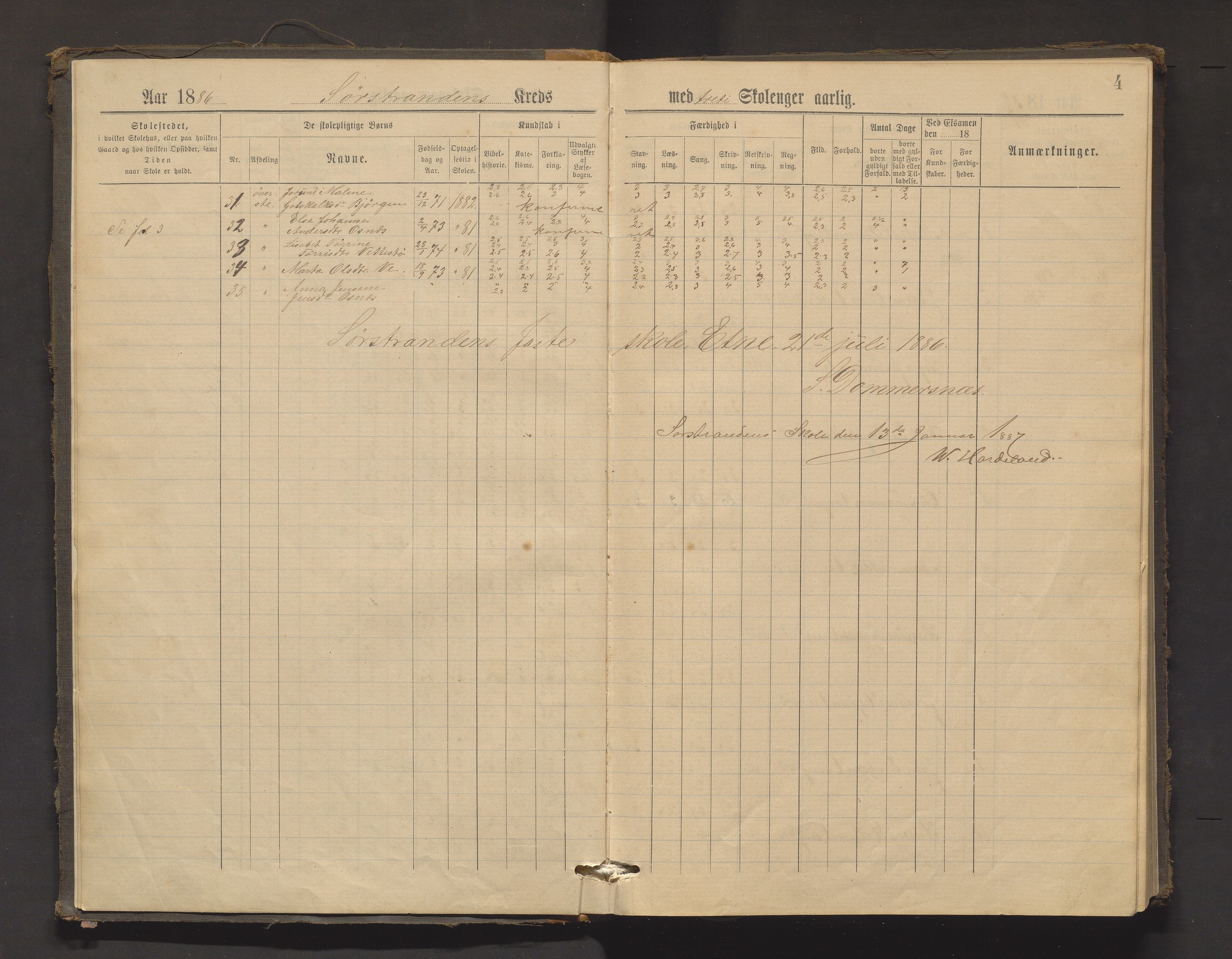 Etne kommune. Barneskulane, IKAH/1211-231/F/Fd/L0001: Skuleprotokoll for Sørstranden skule, 1886-1901