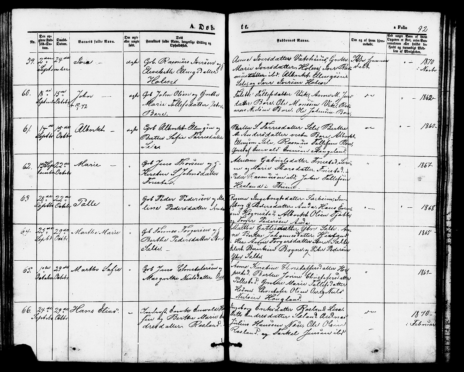 Klepp sokneprestkontor, AV/SAST-A-101803/001/3/30BB/L0002: Klokkerbok nr. B 2, 1860-1875, s. 92