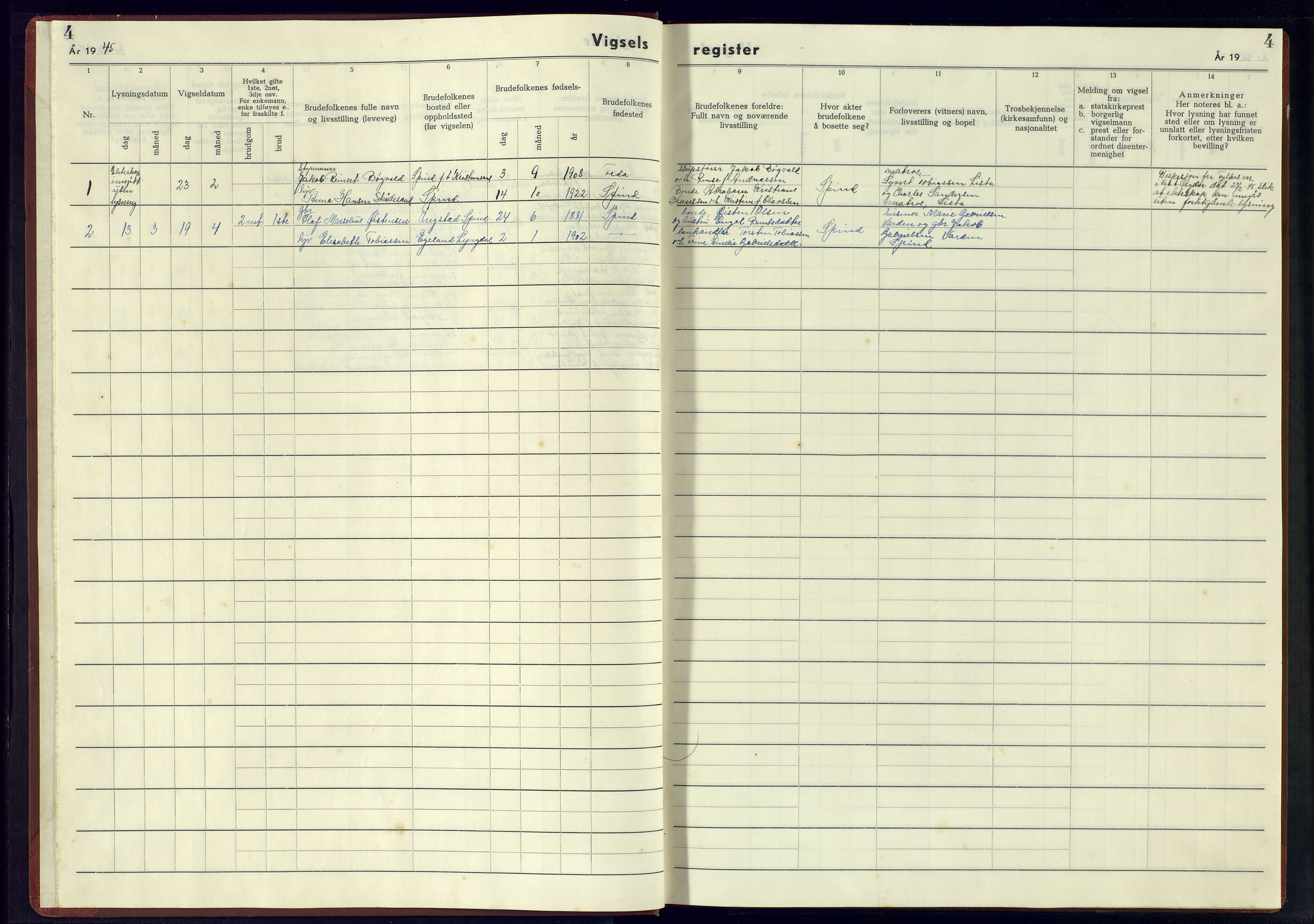 Herad sokneprestkontor, AV/SAK-1111-0018/J/Jb/L0004: Vigselsregister nr. A-VI-5, 1942-1945, s. 4