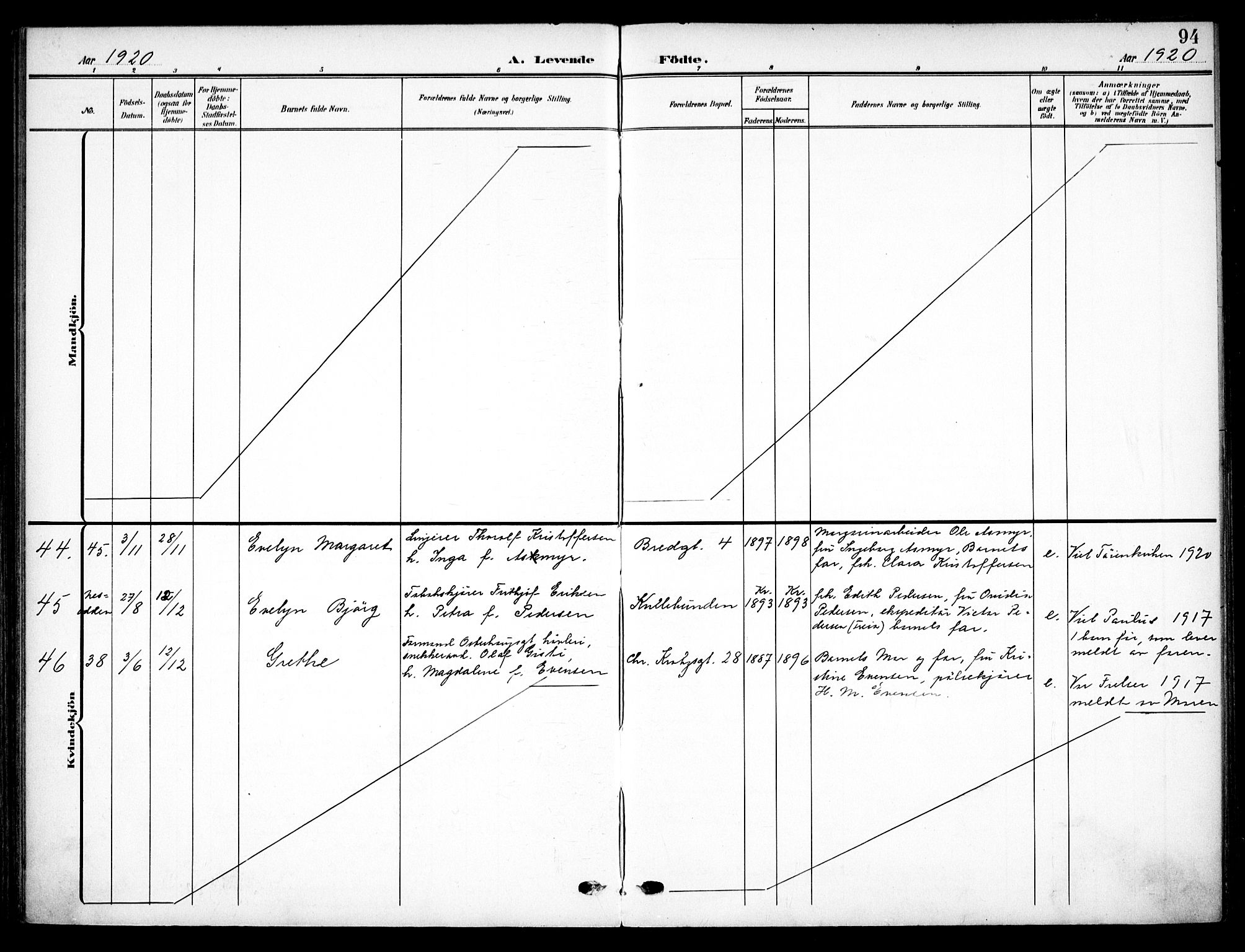 Vaterland prestekontor Kirkebøker, AV/SAO-A-10880/F/Fa/L0001: Ministerialbok nr. 1, 1907-1930, s. 94