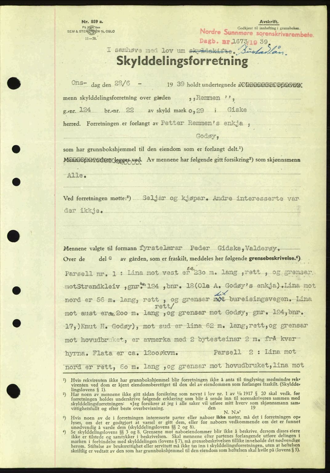 Nordre Sunnmøre sorenskriveri, SAT/A-0006/1/2/2C/2Ca: Pantebok nr. A7, 1939-1939, Dagboknr: 1673/1939