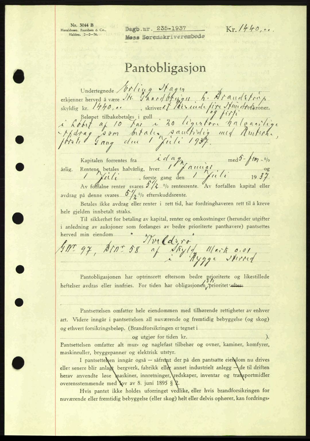Moss sorenskriveri, SAO/A-10168: Pantebok nr. B3, 1937-1937, Dagboknr: 235/1937