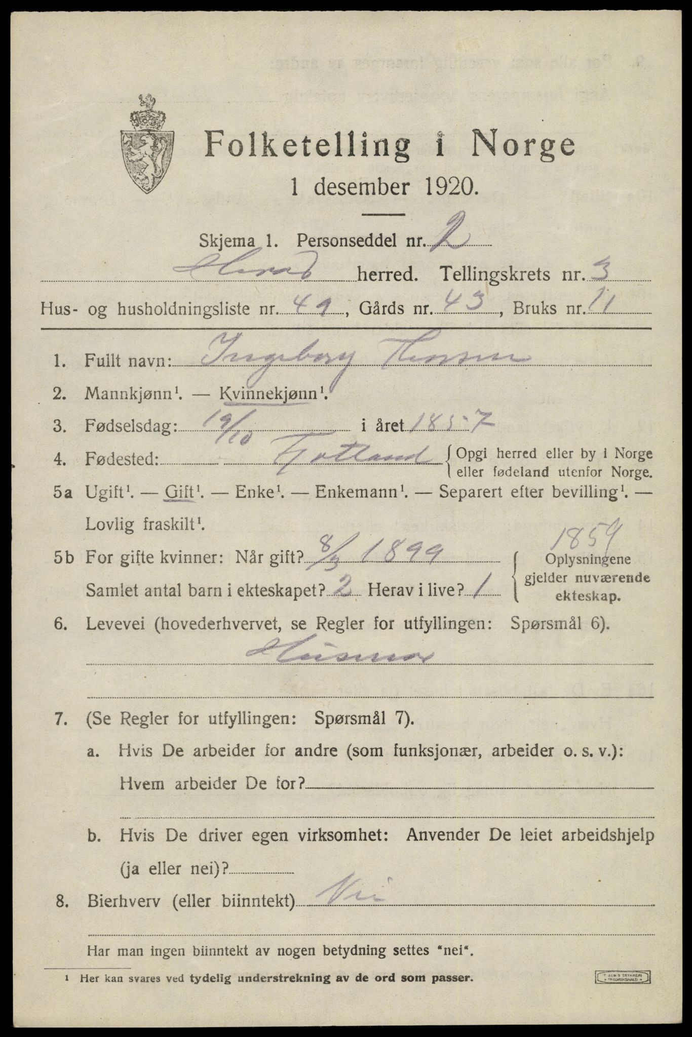 SAK, Folketelling 1920 for 1039 Herad herred, 1920, s. 1720