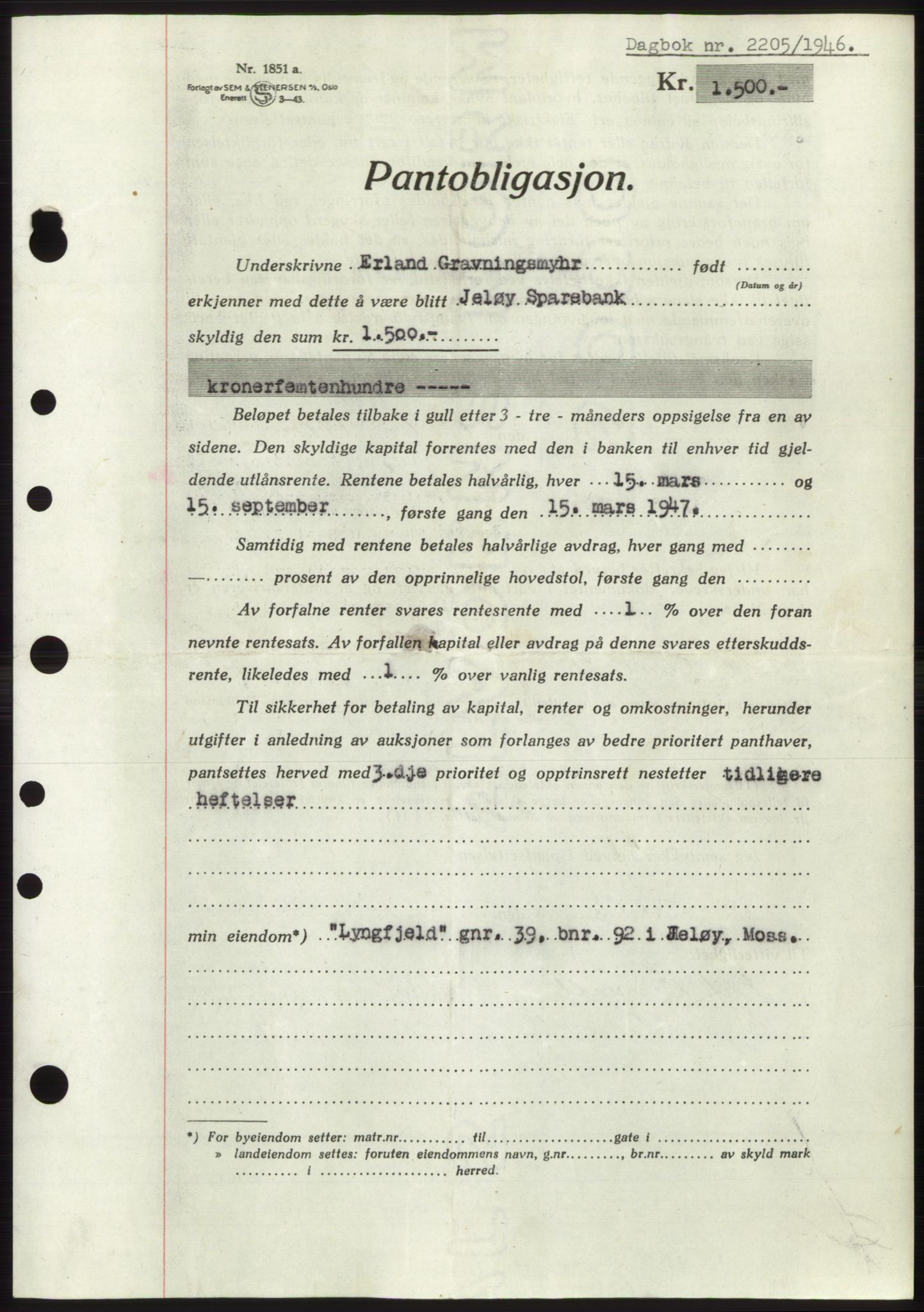 Moss sorenskriveri, AV/SAO-A-10168: Pantebok nr. B15, 1946-1946, Dagboknr: 2205/1946