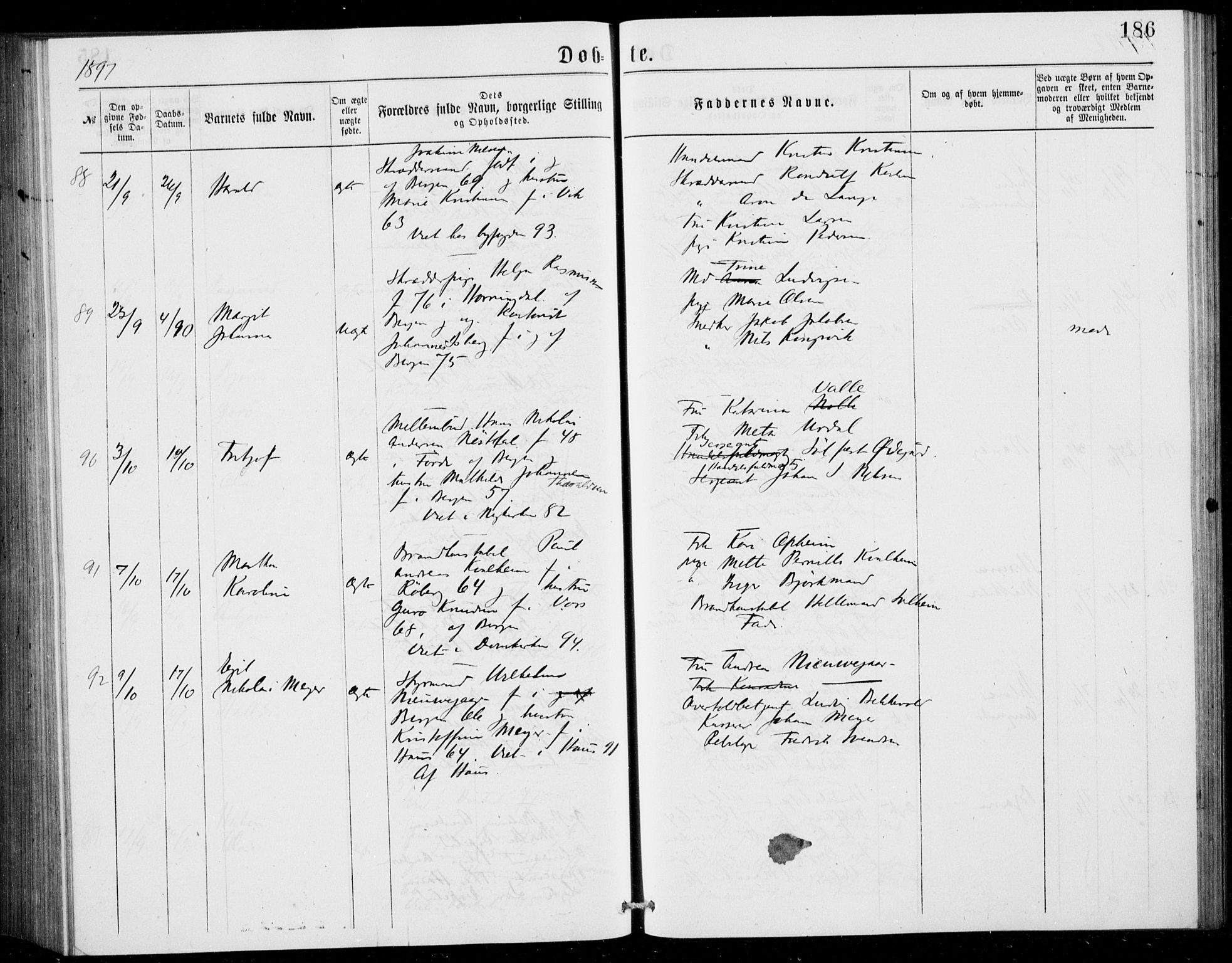 Fødselsstiftelsens sokneprestembete, ført av overlegen*, SAB/-: Ministerialbok nr. A 2, 1884-1900, s. 186