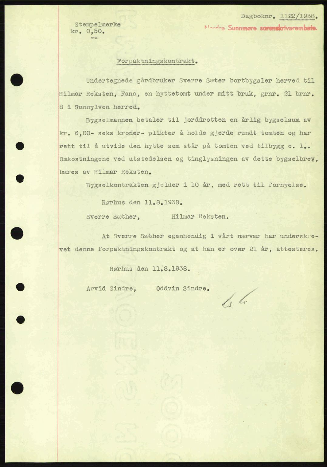 Nordre Sunnmøre sorenskriveri, SAT/A-0006/1/2/2C/2Ca: Pantebok nr. B1-6, 1938-1942, Dagboknr: 1122/1938