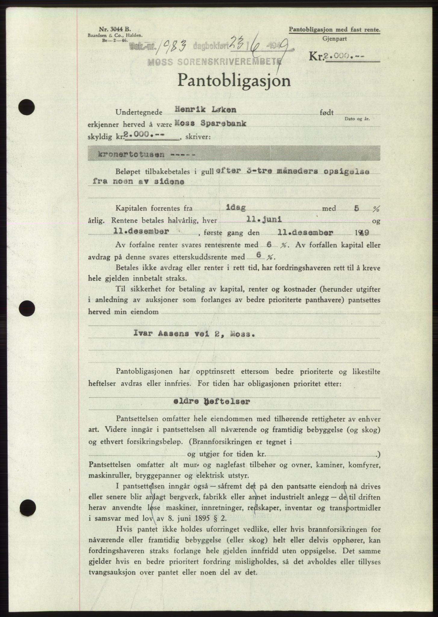 Moss sorenskriveri, SAO/A-10168: Pantebok nr. B22, 1949-1949, Dagboknr: 1983/1949