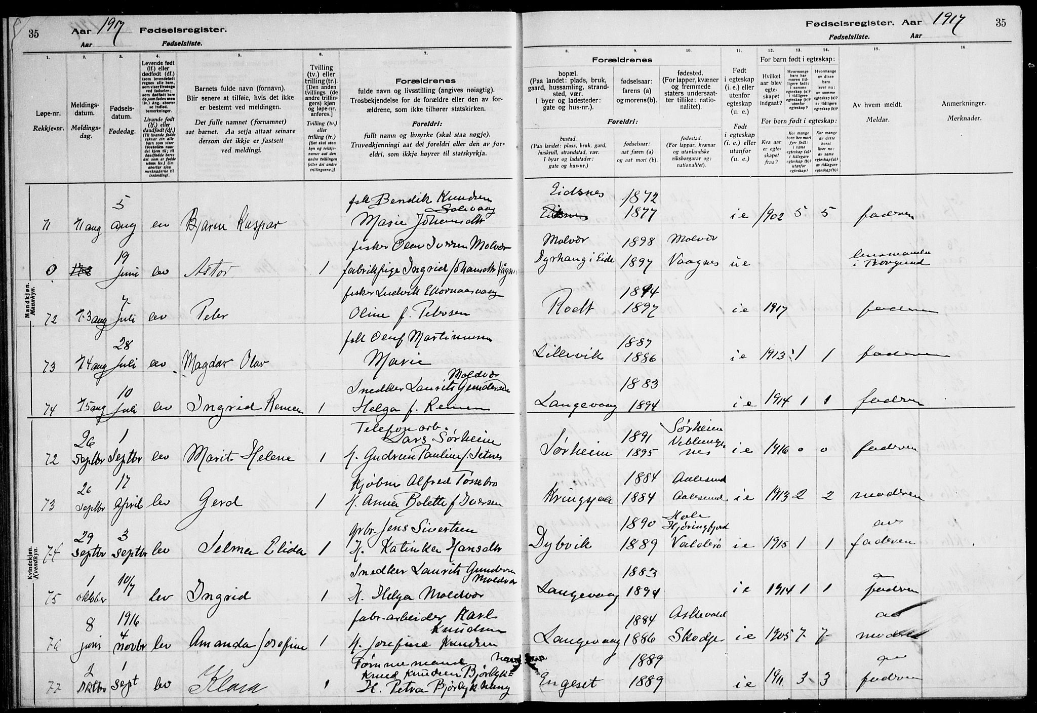 Ministerialprotokoller, klokkerbøker og fødselsregistre - Møre og Romsdal, SAT/A-1454/528/L0442: Fødselsregister nr. 528.II.4.1, 1916-1924, s. 35