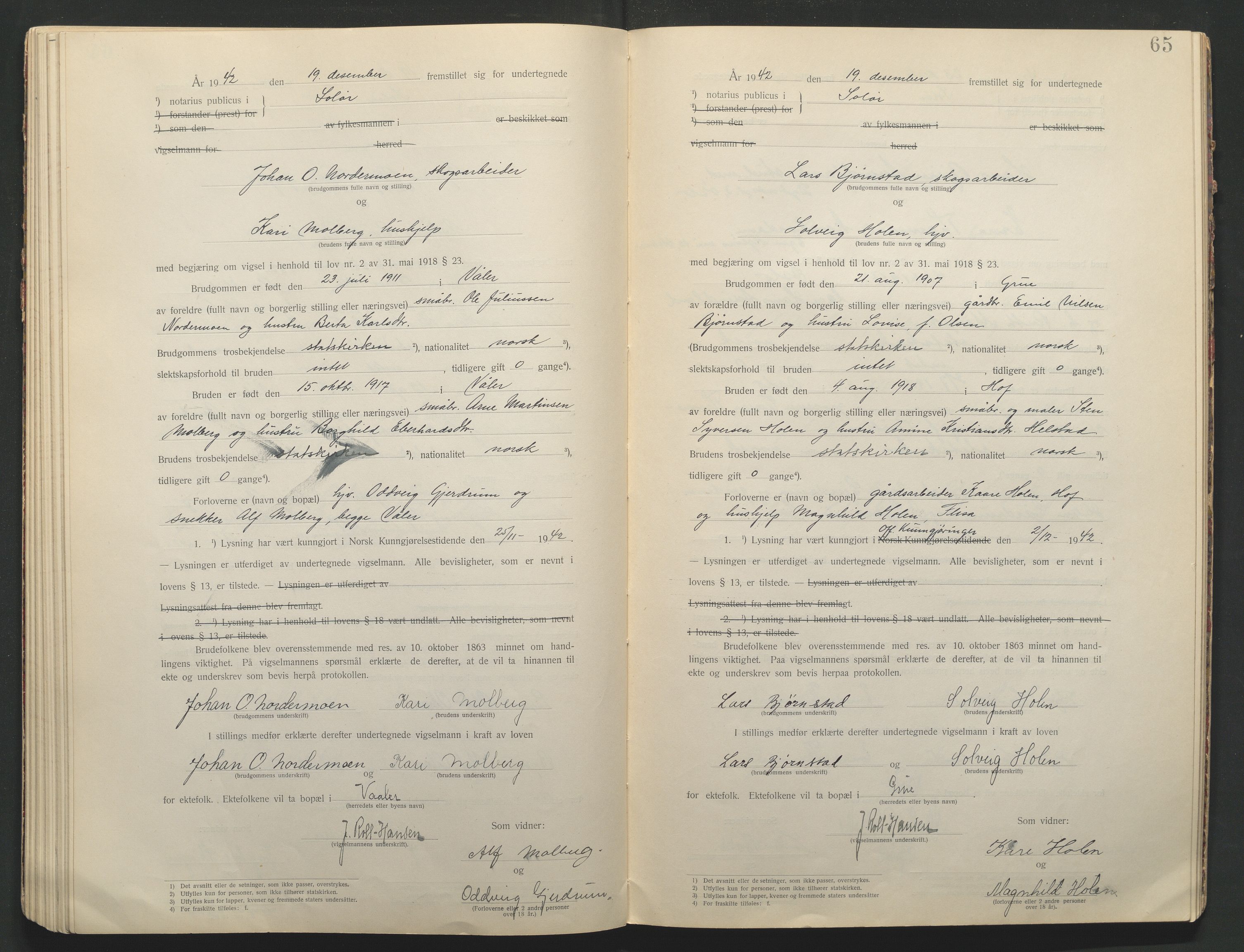 Solør tingrett, AV/SAH-TING-008/L/Lb/L0001: Vigselprotokoll, 1920-1943, s. 65