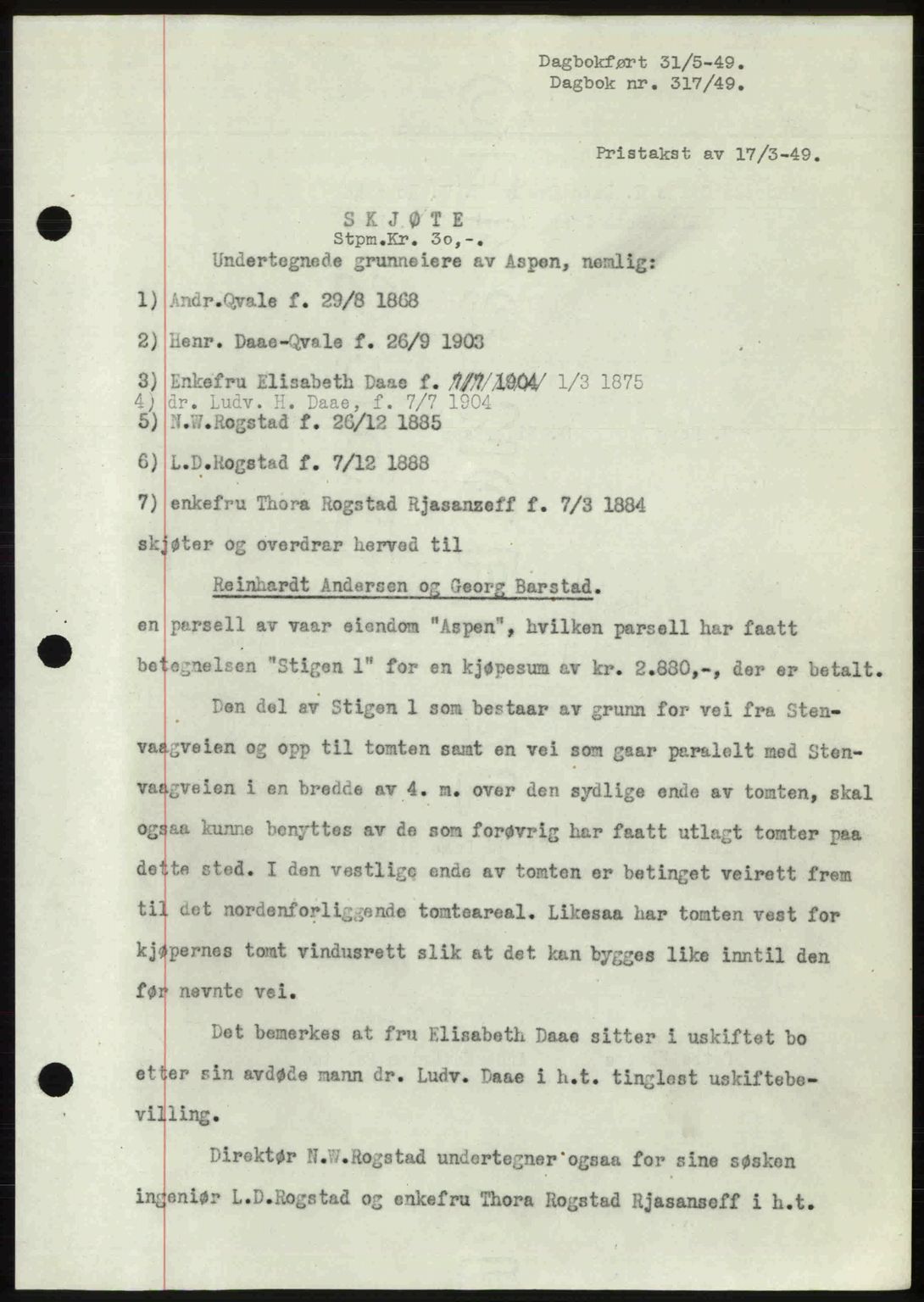 Ålesund byfogd, AV/SAT-A-4384: Pantebok nr. 37A (1), 1947-1949, Dagboknr: 317/1949