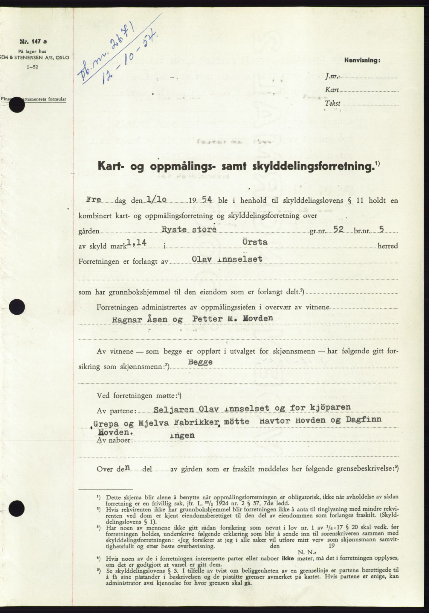 Søre Sunnmøre sorenskriveri, AV/SAT-A-4122/1/2/2C/L0099: Pantebok nr. 25A, 1954-1954, Dagboknr: 2671/1954