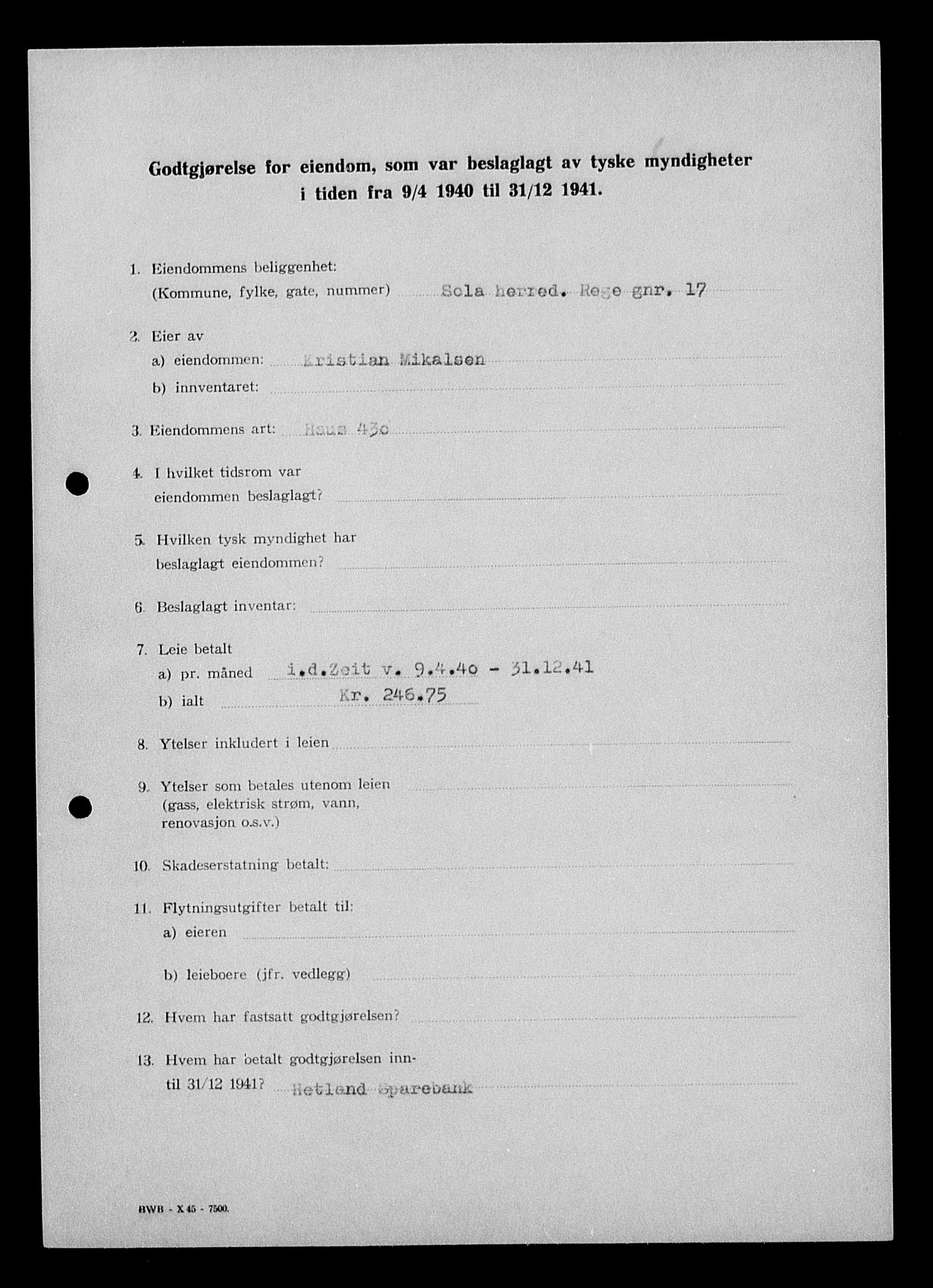 Justisdepartementet, Tilbakeføringskontoret for inndratte formuer, AV/RA-S-1564/I/L1014: Godtgjørelse for beslaglagt eiendom, 1940-1941, s. 526