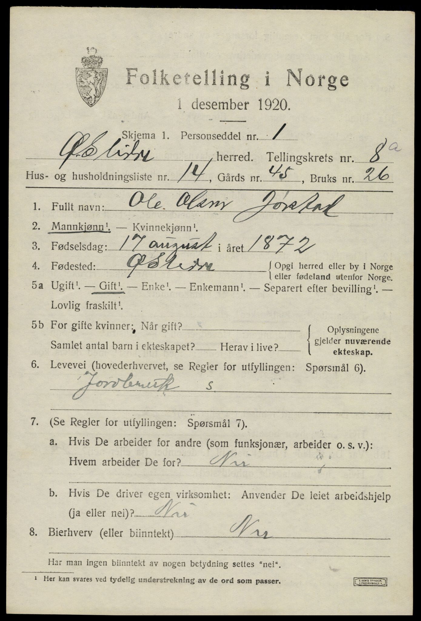SAH, Folketelling 1920 for 0544 Øystre Slidre herred, 1920, s. 4905