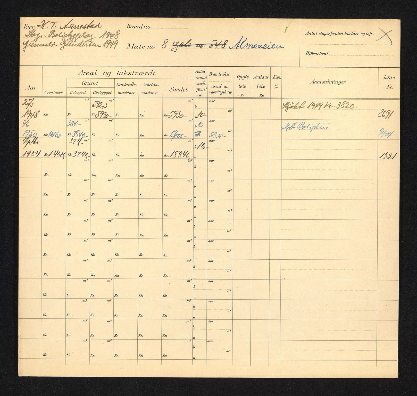 Stavanger kommune. Skattetakstvesenet, BYST/A-0440/F/Fa/Faa/L0001/0006: Skattetakstkort / Almeveien 7 - Alsteinsgata 14