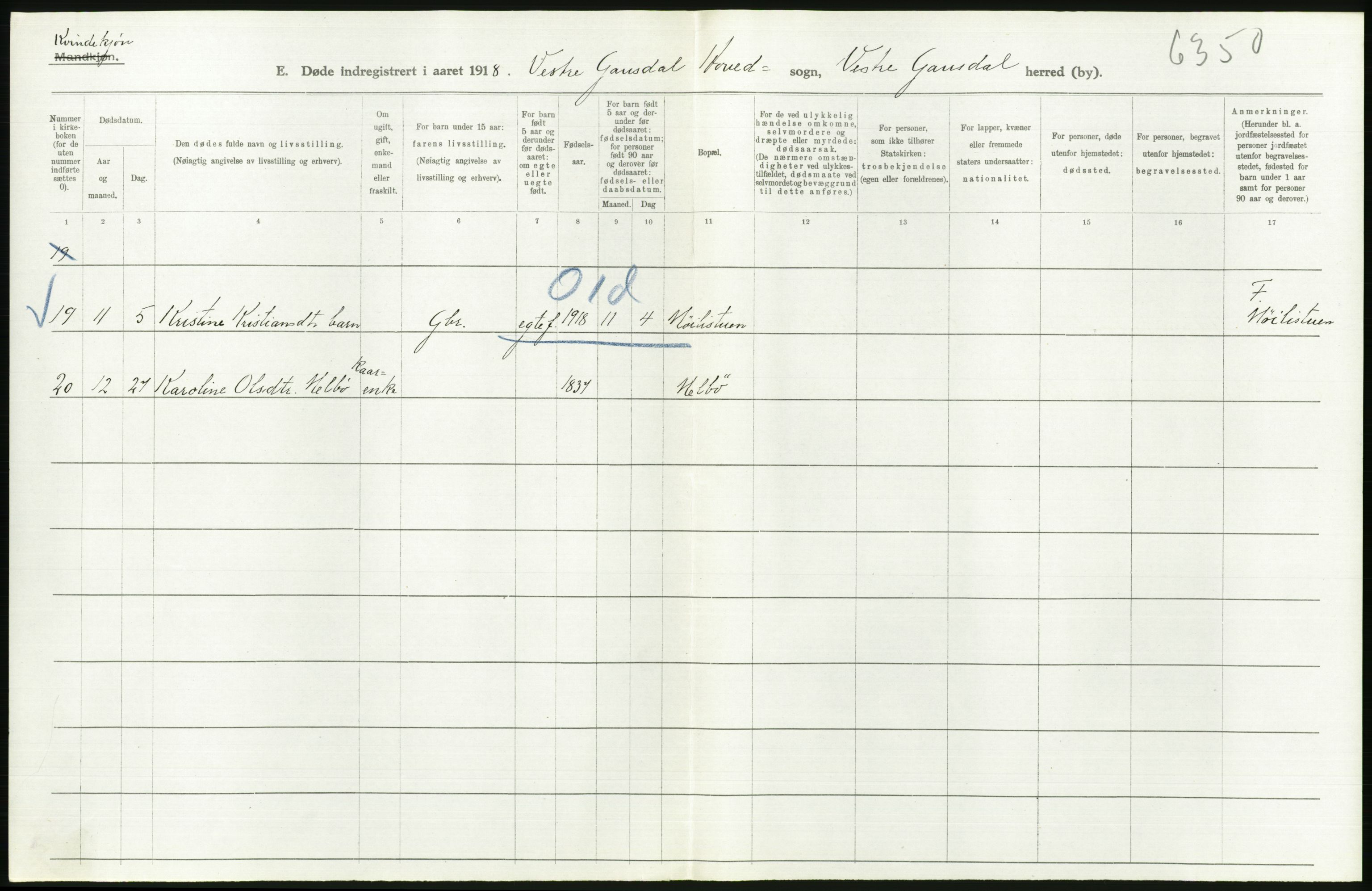 Statistisk sentralbyrå, Sosiodemografiske emner, Befolkning, RA/S-2228/D/Df/Dfb/Dfbh/L0017: Oppland fylke: Døde. Bygder og byer., 1918, s. 182