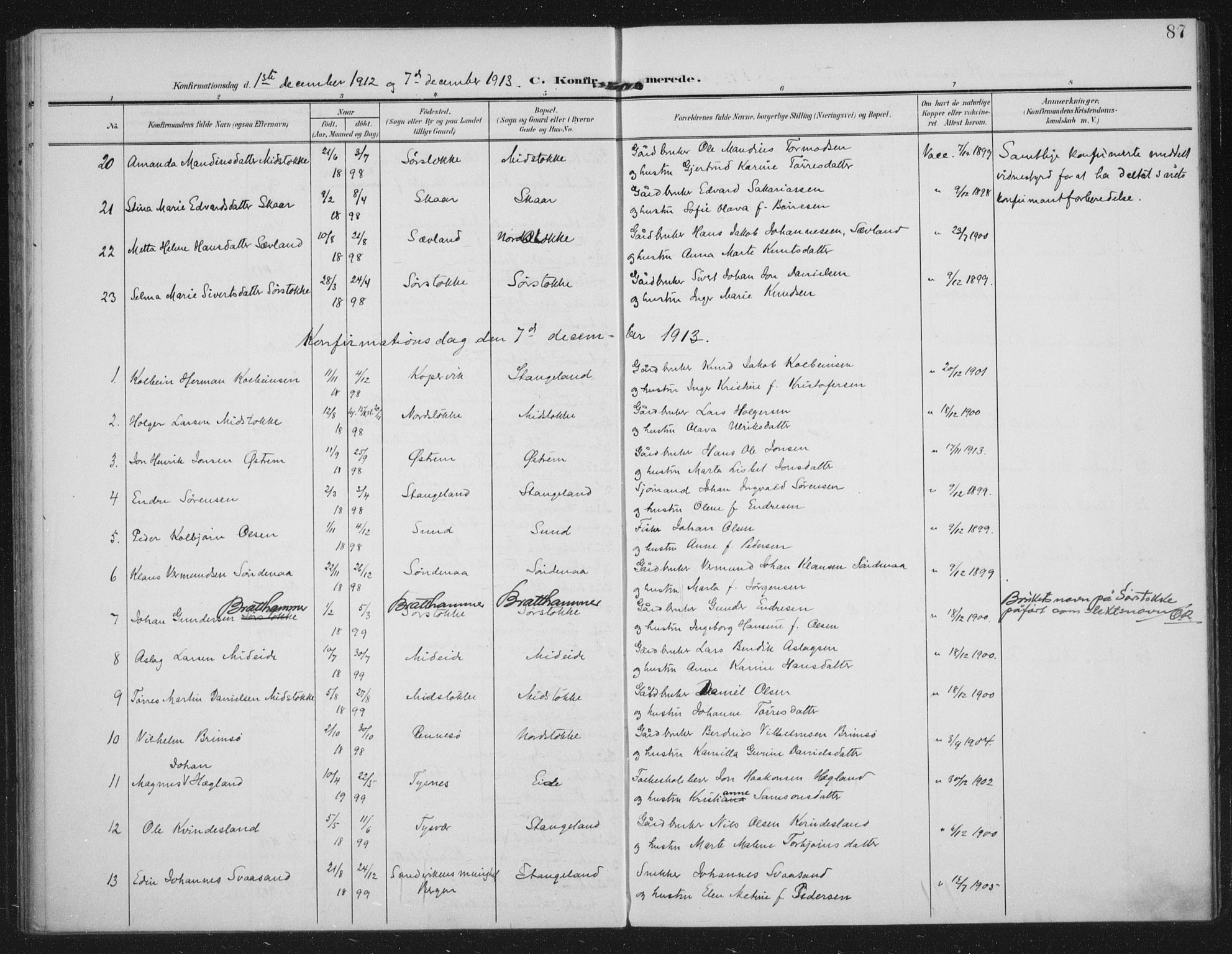 Kopervik sokneprestkontor, AV/SAST-A-101850/H/Ha/Haa/L0003: Ministerialbok nr. A 3, 1906-1924, s. 87