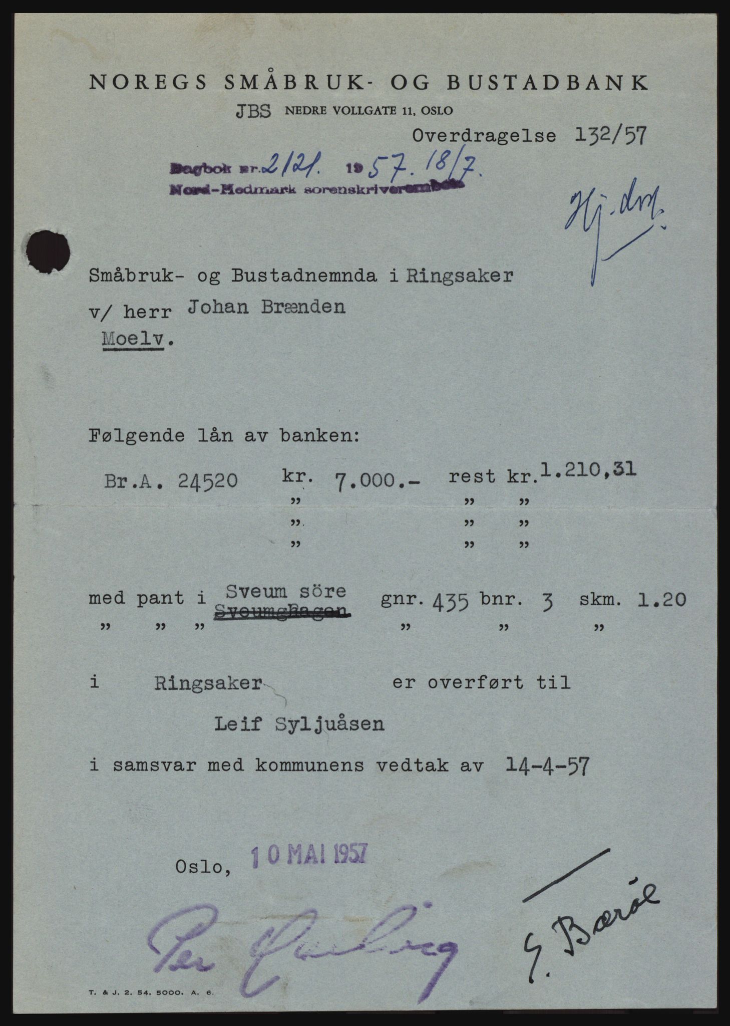 Nord-Hedmark sorenskriveri, SAH/TING-012/H/Hc/L0011: Pantebok nr. 11, 1956-1957, Dagboknr: 2121/1957