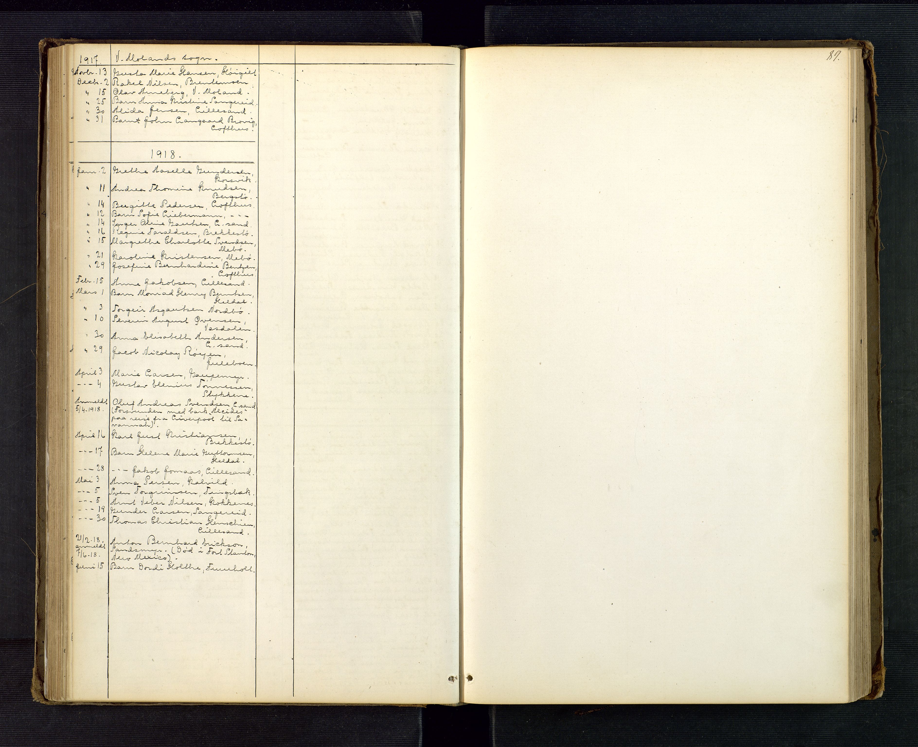Vestre Nedenes/Sand sorenskriveri, AV/SAK-1221-0010/H/Ha/L0001: Dødsfallsliste, 1861-1918, s. 89